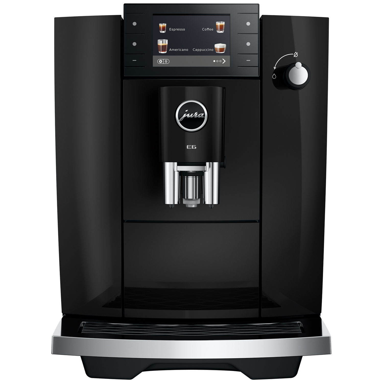 Zwarte koffiemachine met touchscreen waarop espresso, koffie en cappuccino worden weergegeven.