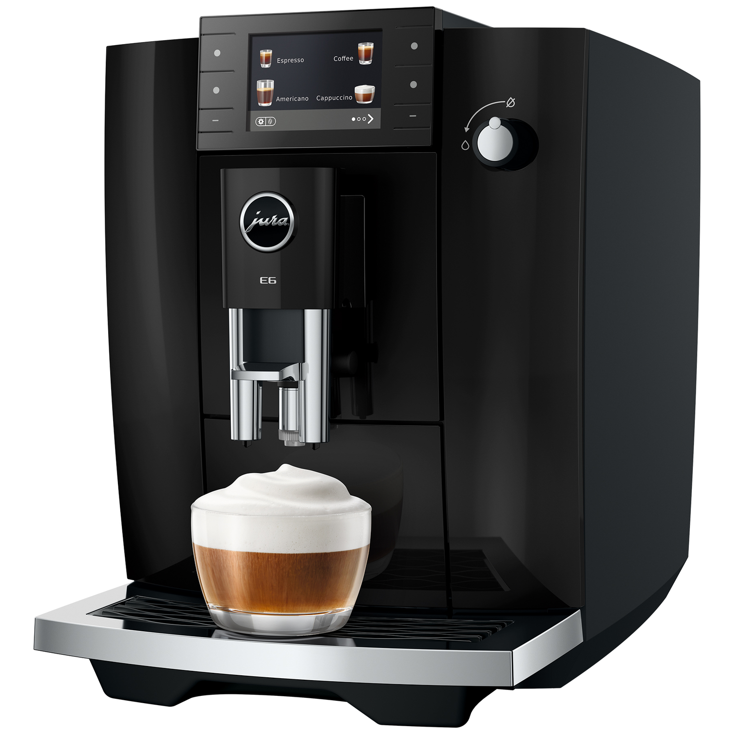 Zwarte koffiemachine met digitaal scherm en een glas melkschuim.