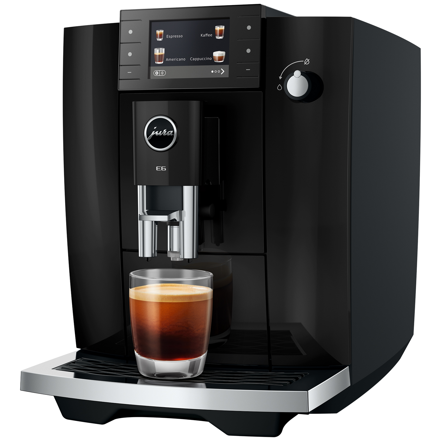 Zwarte koffiemachine met glas en espresso, Jura E6.