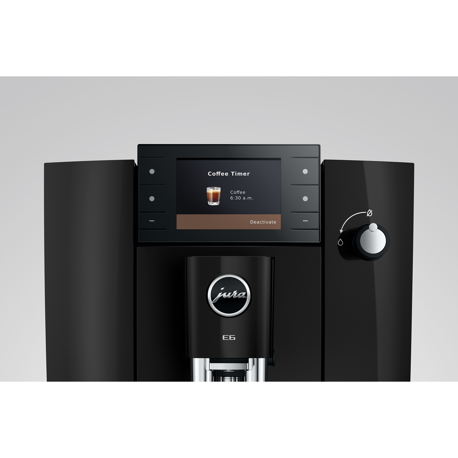 Zwarte Jura E6 koffiemachine met touchscreen display waarop "Coffee Timer" staat.