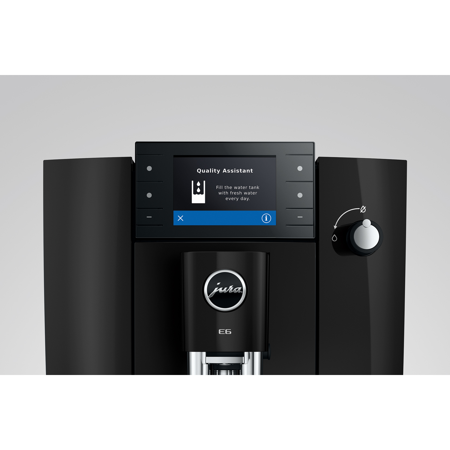 Zwarte koffiemachine met scherm dat aangeeft 