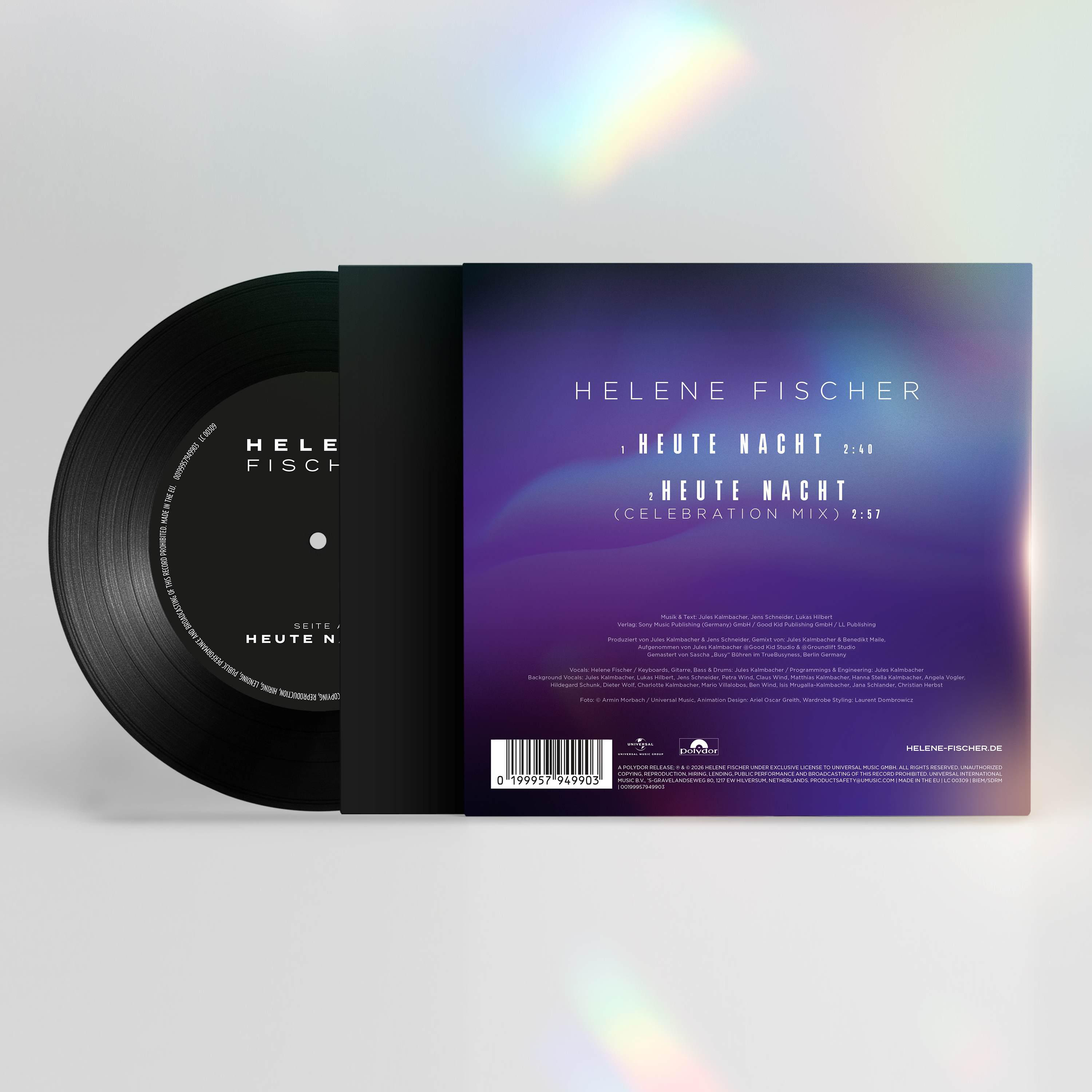 Eine schwarze Schallplatte, teilweise sichtbar, neben einem lila-blauen Albumcover mit weißem Text und Barcode.