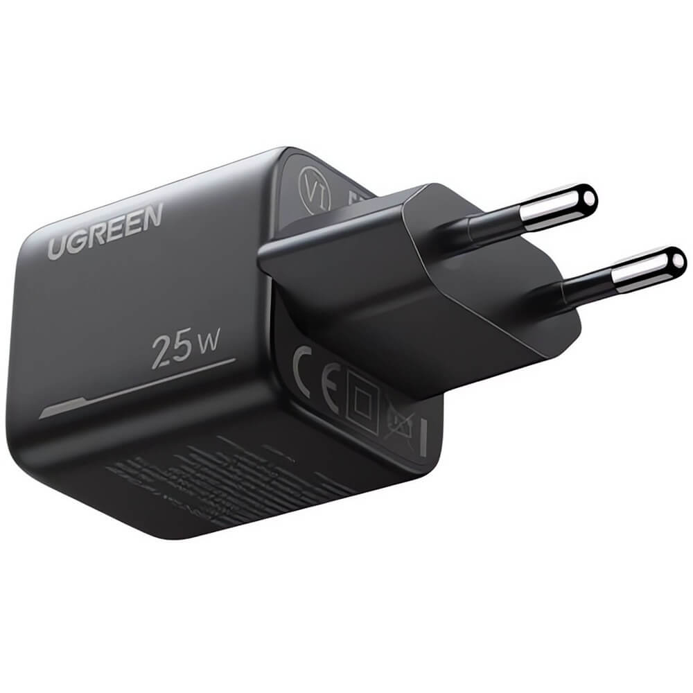 Siyah UGREEN 25W güç adaptörü, iki pinli, CE ve VI sembollü.