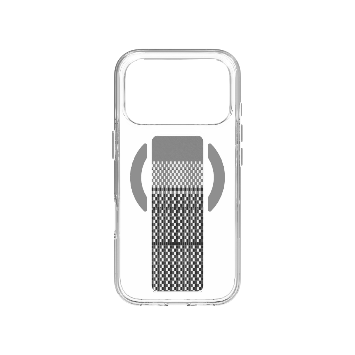Gri desenli ve iki gri tutamaçlı şeffaf telefon kılıfı.