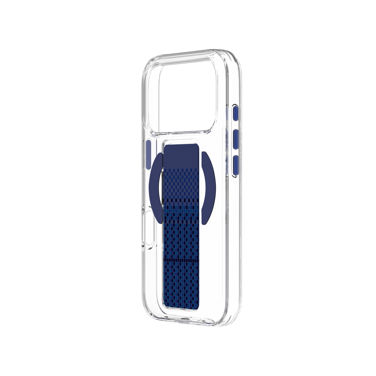 Mavi tutacaklı ve damalı desenli şeffaf telefon kılıfı.