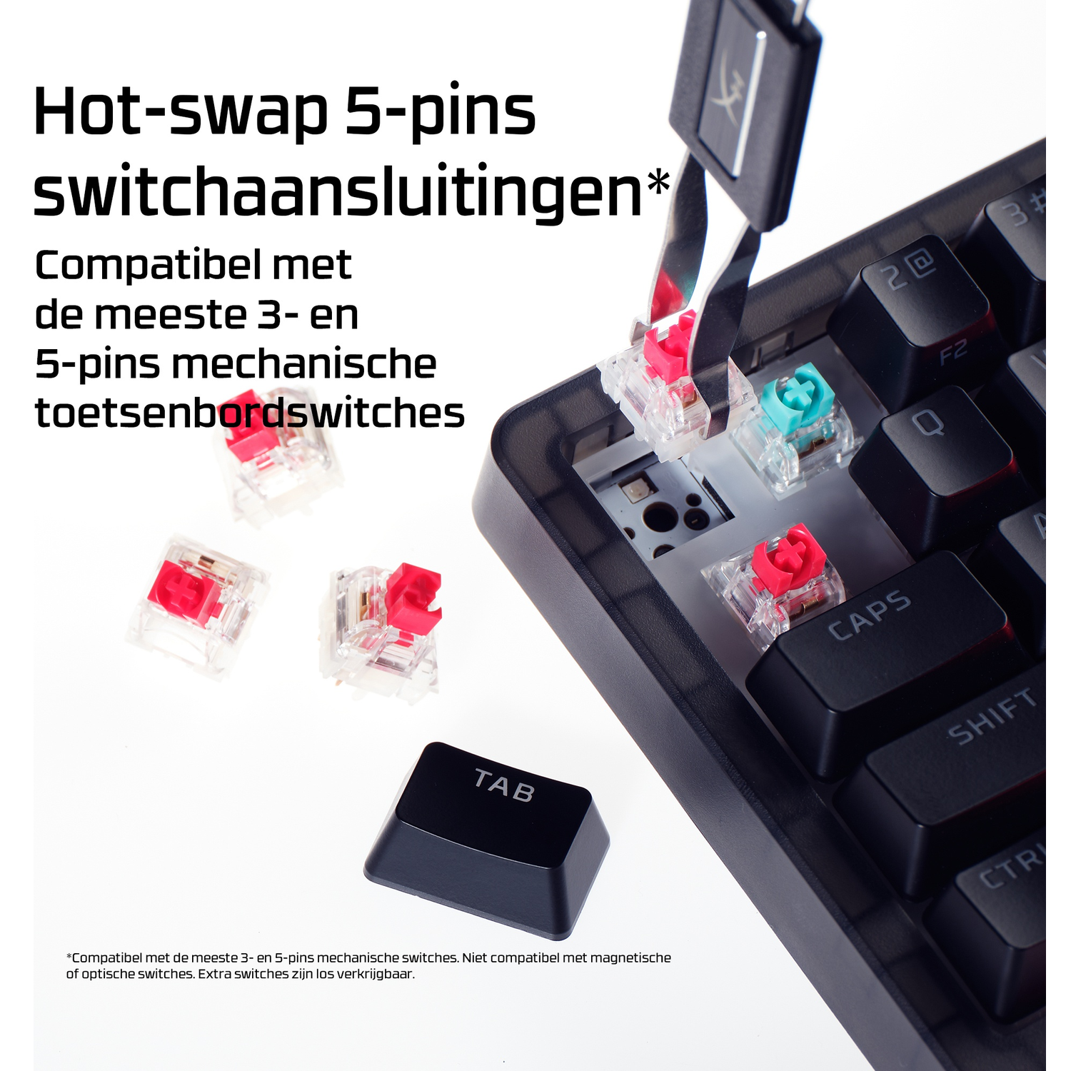 Keyboard switch tool removing red and blue switches from a keyboard.