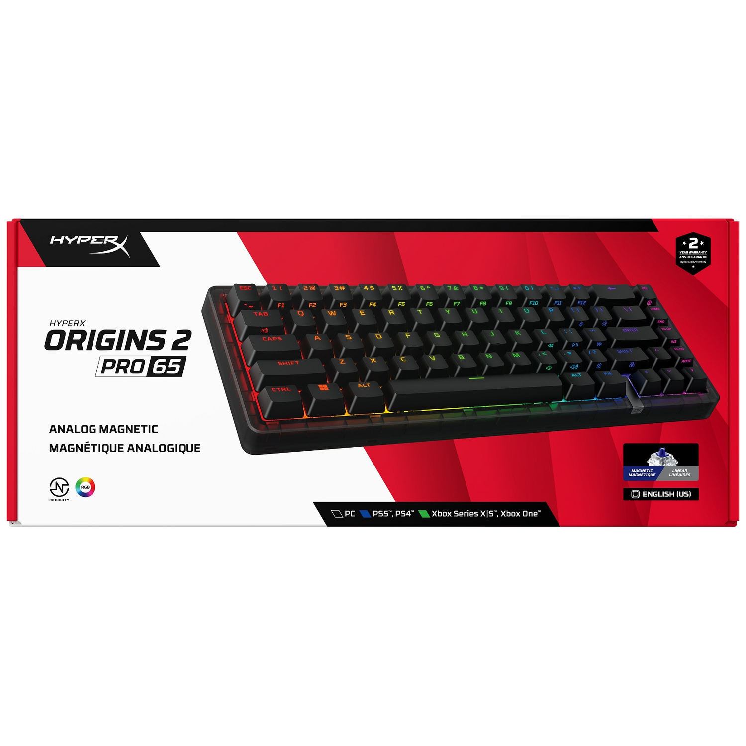 Black HyperX Origins 65 mechanical keyboard with RGB lighting and digital display.