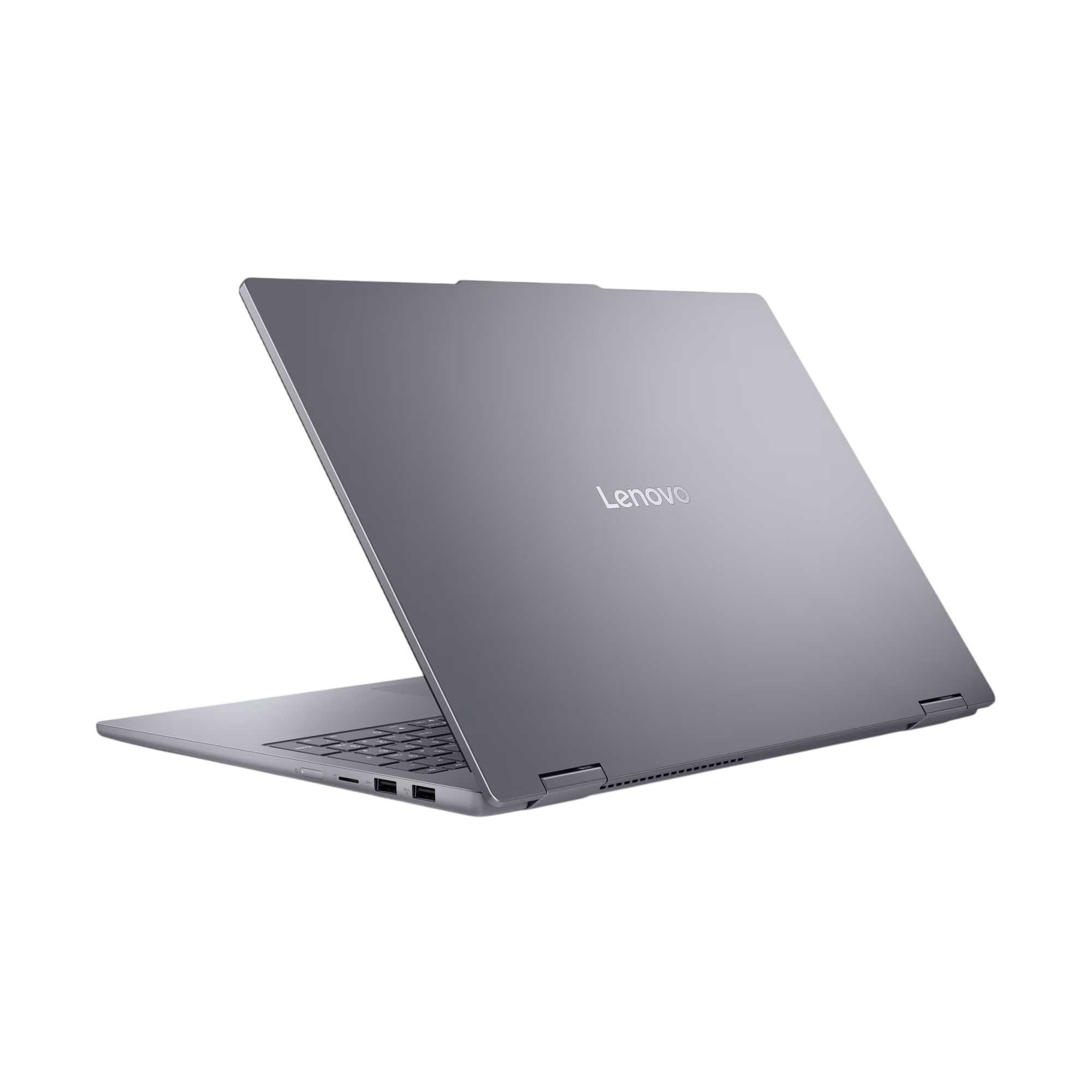 Ein silberner Lenovo Laptop, geöffnet und von hinten gezeigt, mit Tastatur und Anschlüssen.