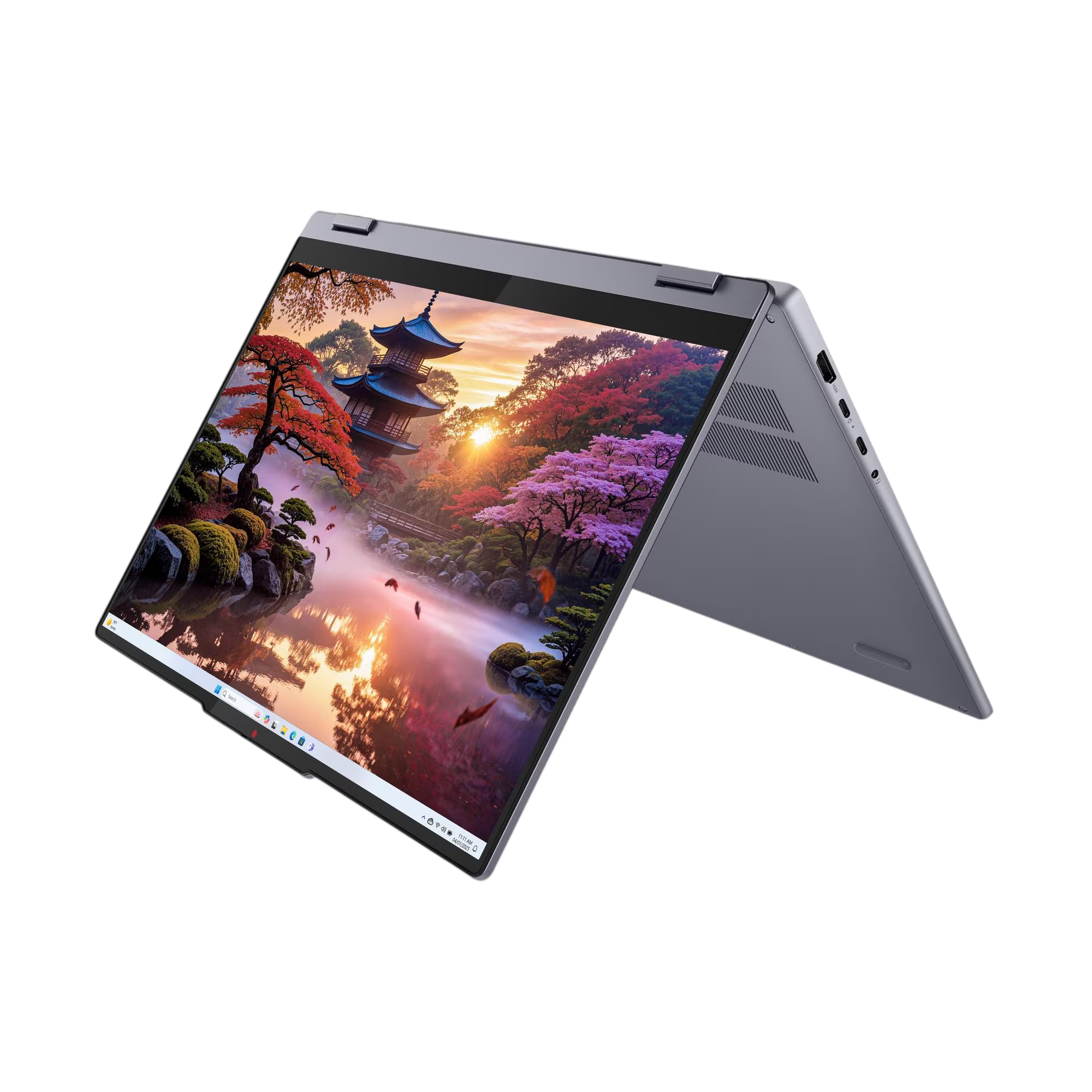 Ein offener Laptop zeigt einen japanischen Garten mit Pagode und Teich im Sonnenuntergang.