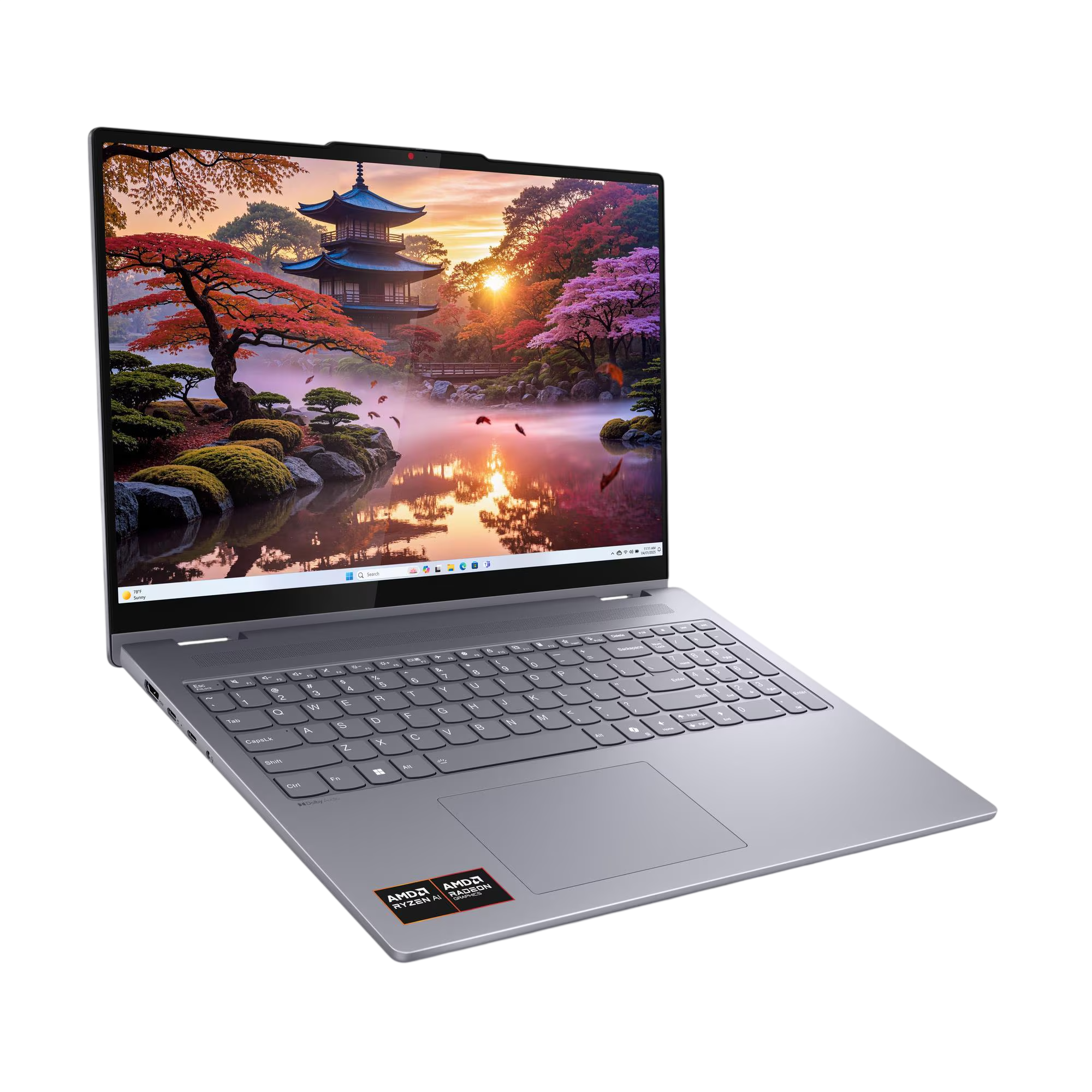Graues Laptop mit japanischem Gartenbildschirm. AMD Ryzen AI-Aufkleber.
