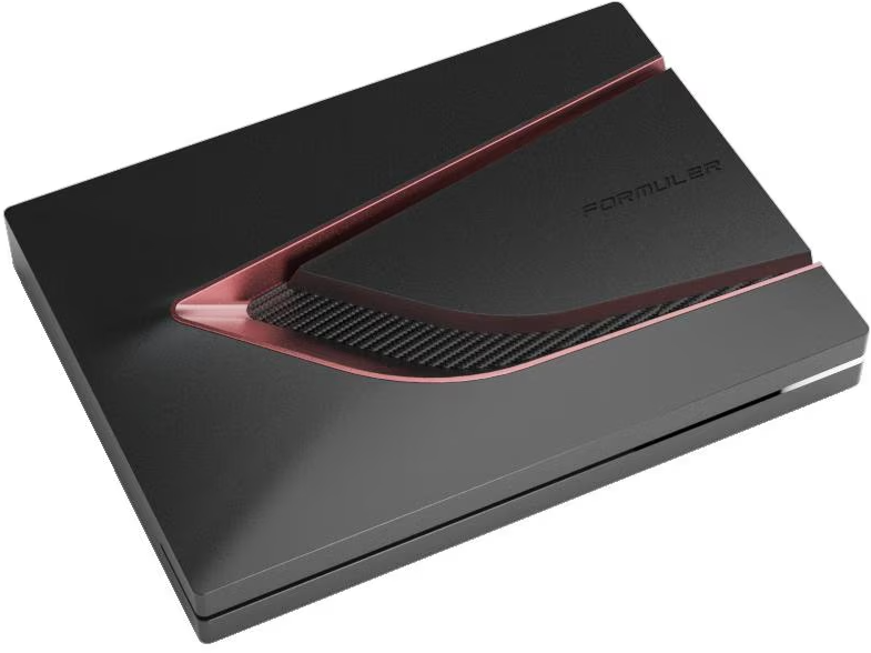 Appareil électronique noir avec ligne d'accent rouge et détail en fibre de carbone.