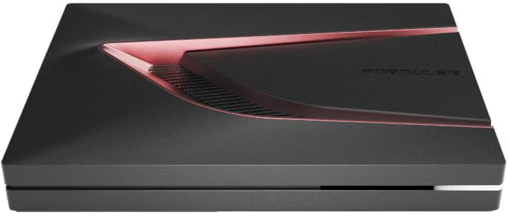 Appareil technologique noir avec accent rouge et fentes d'aération.