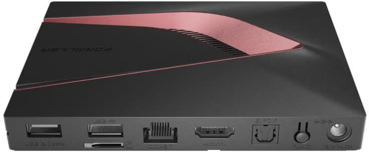 Appareil Formuler noir avec accents rouges et ports : USB, SD, Ethernet, HDMI, S/PDIF, Reset.