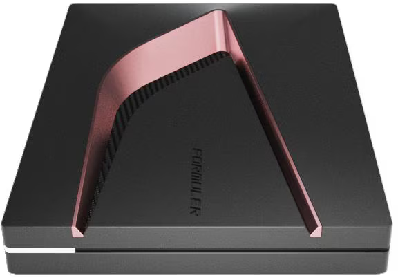 Un appareil rectangulaire noir avec un accent en V rose doré.