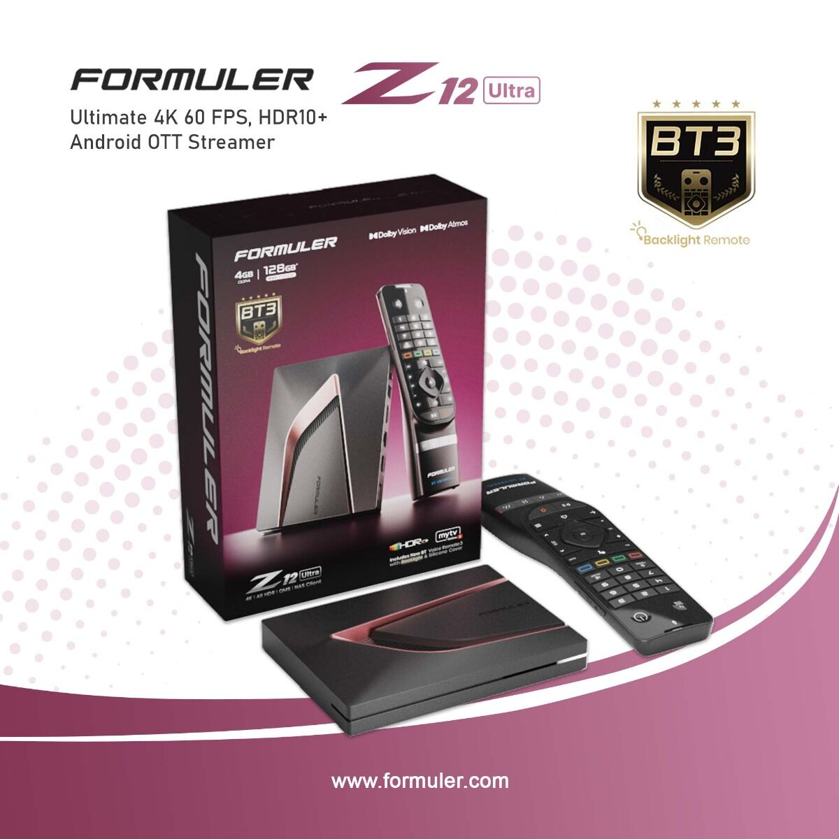 Ensemble Formuler Z12 Ultra avec box de streaming et deux télécommandes.
