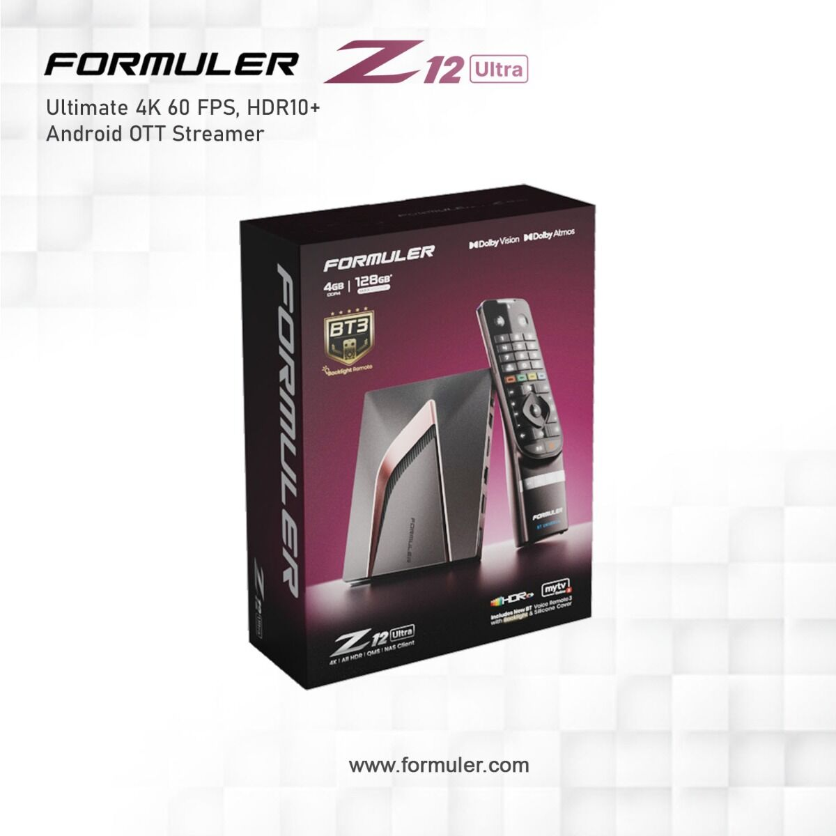 Boîtier Formuler Z12 Ultra Android OTT Streamer avec télécommande et emballage.