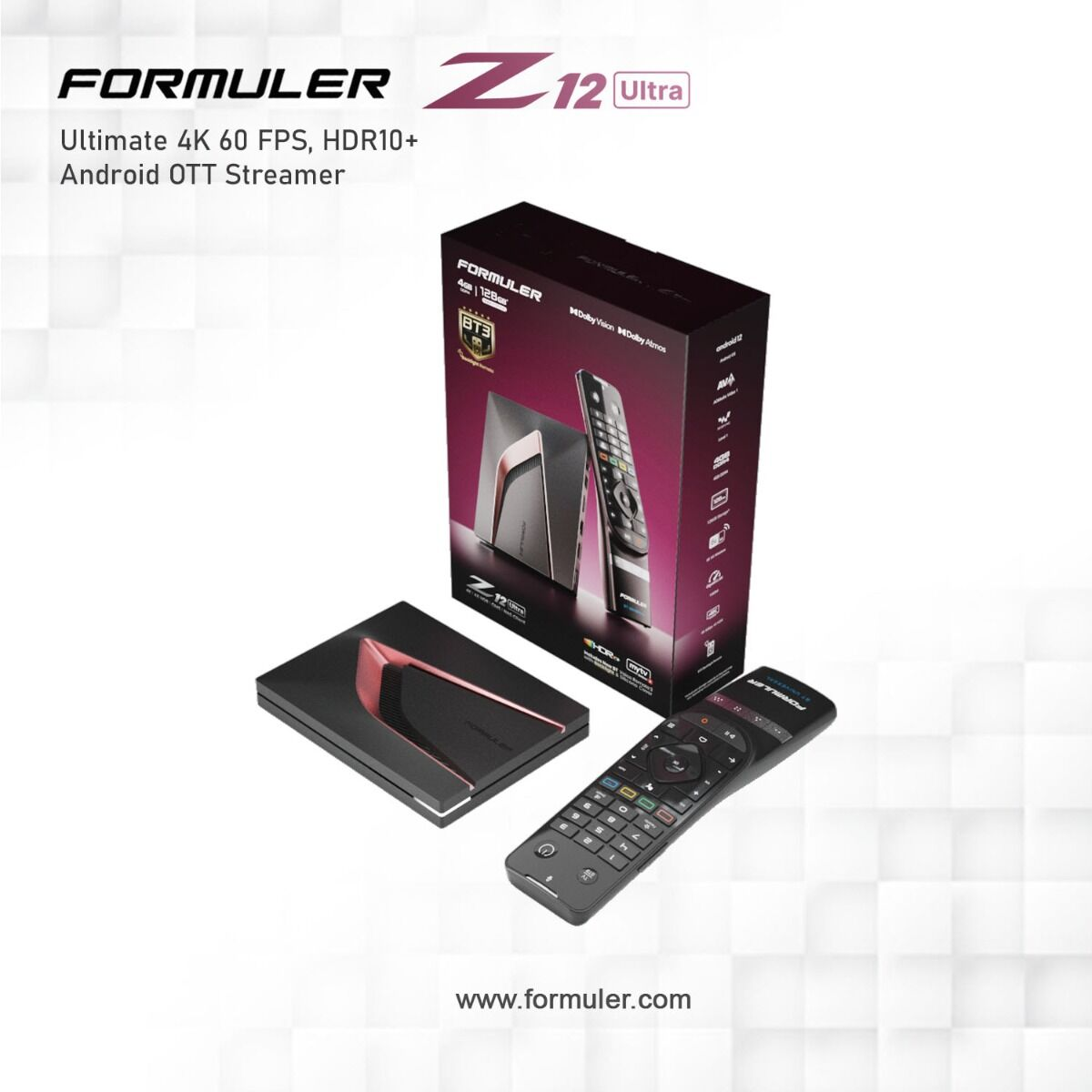 Lecteur Formuler Z12 Ultra avec télécommande et boîte.