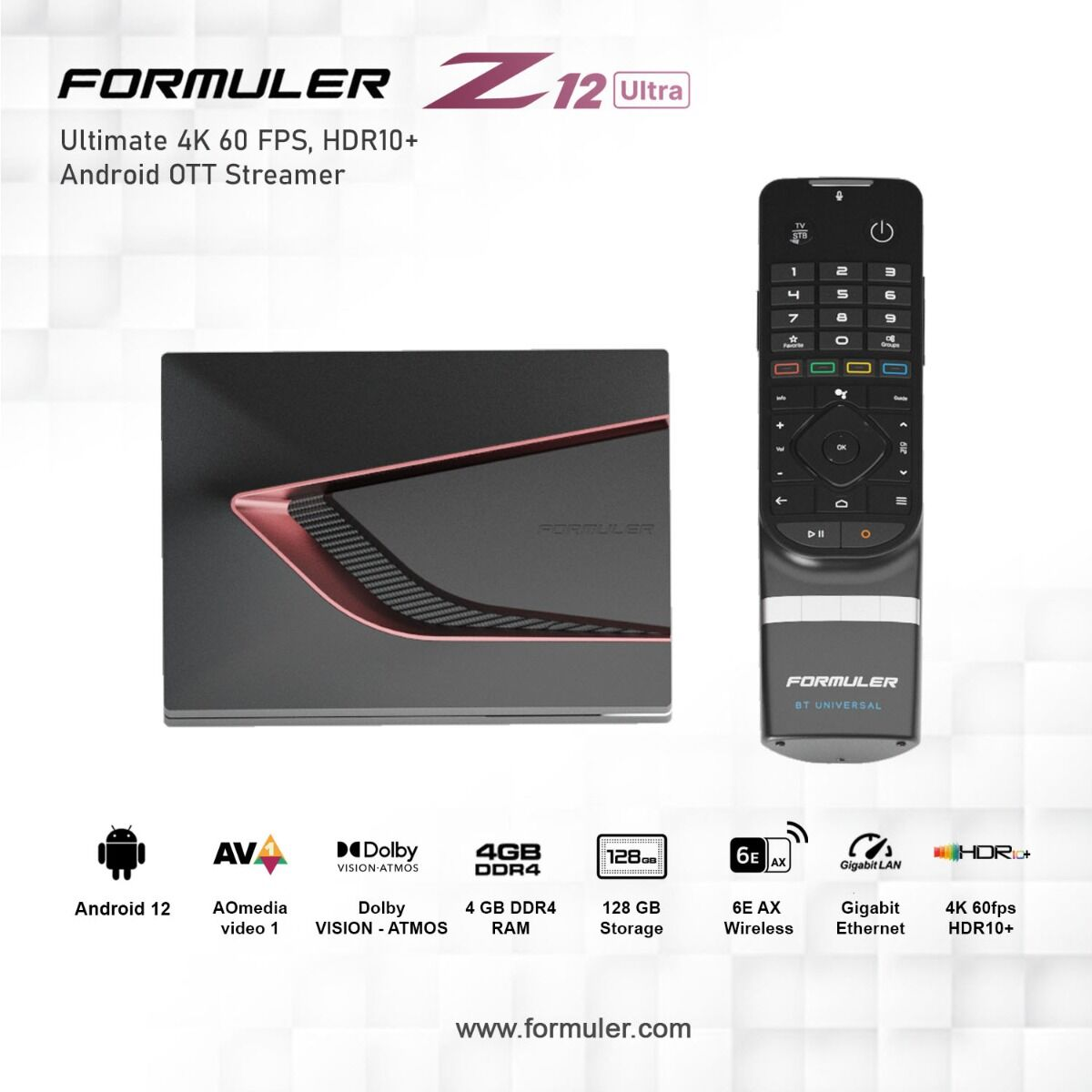 Streamer Formuler Z12 Ultra avec télécommande, specs: Android 12, 4Go RAM, 128Go stockage.