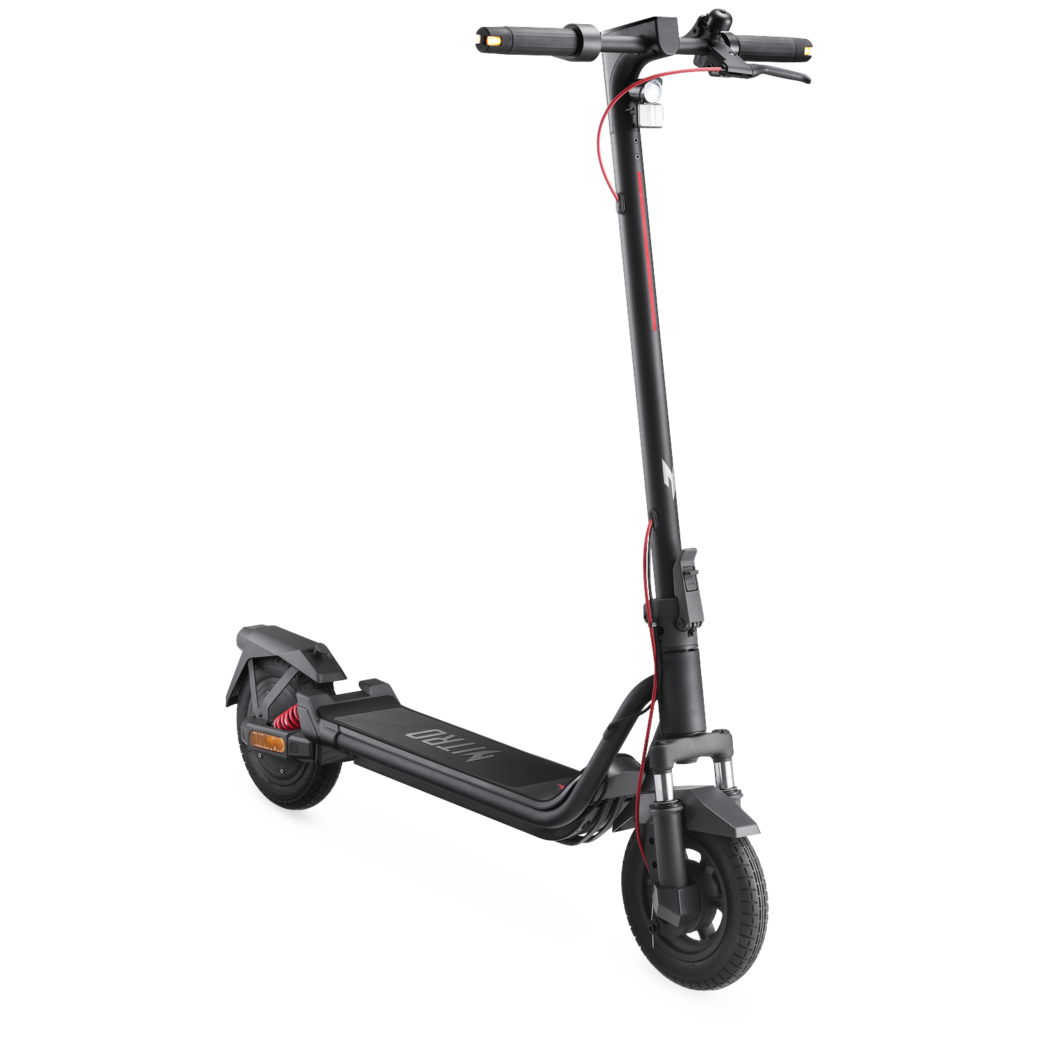 Een zwarte elektrische step met rode accenten staat op witte achtergrond.