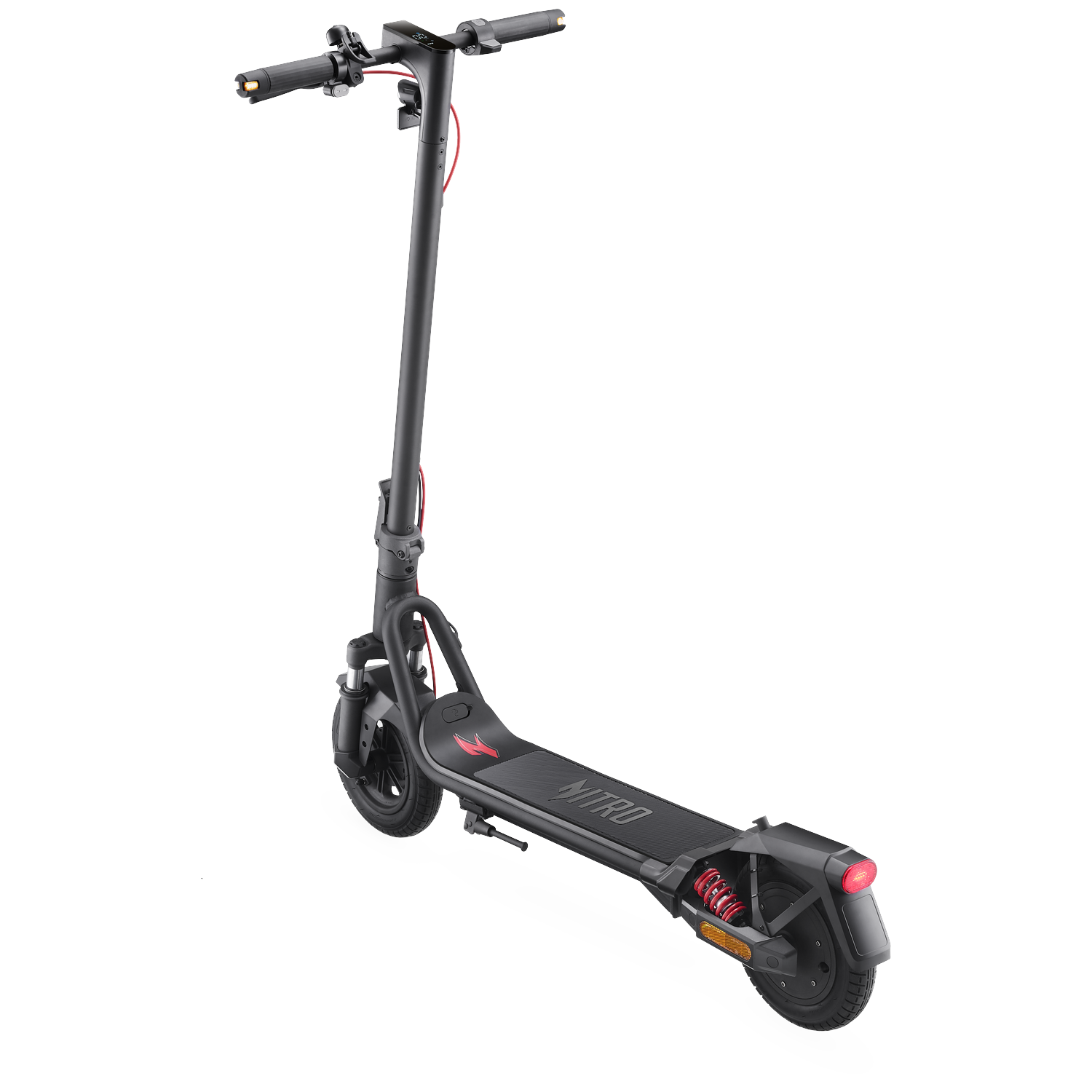 Een zwarte elektrische step met rode accenten staat op een witte achtergrond.