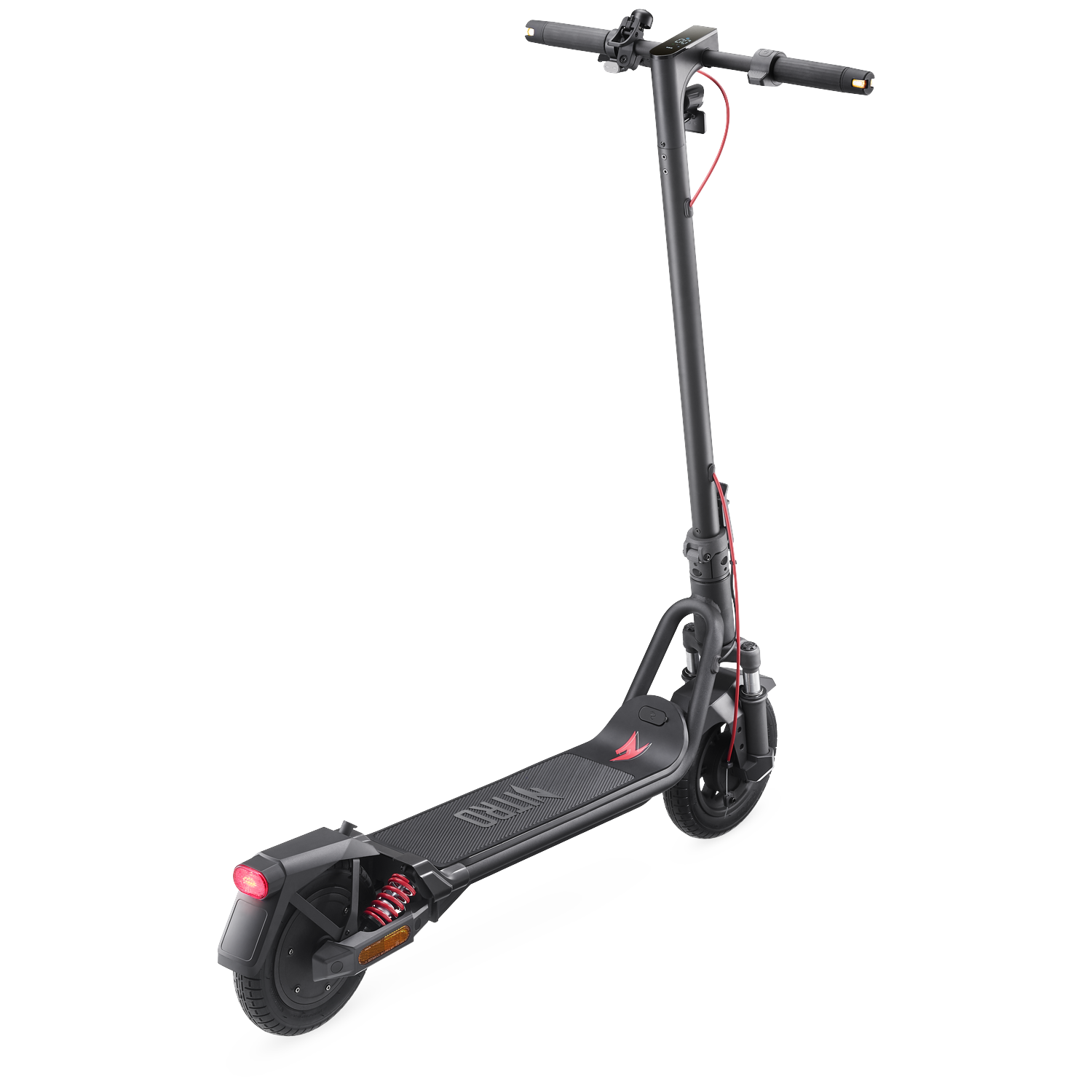 Een zwarte elektrische scooter met rode accenten en vering.