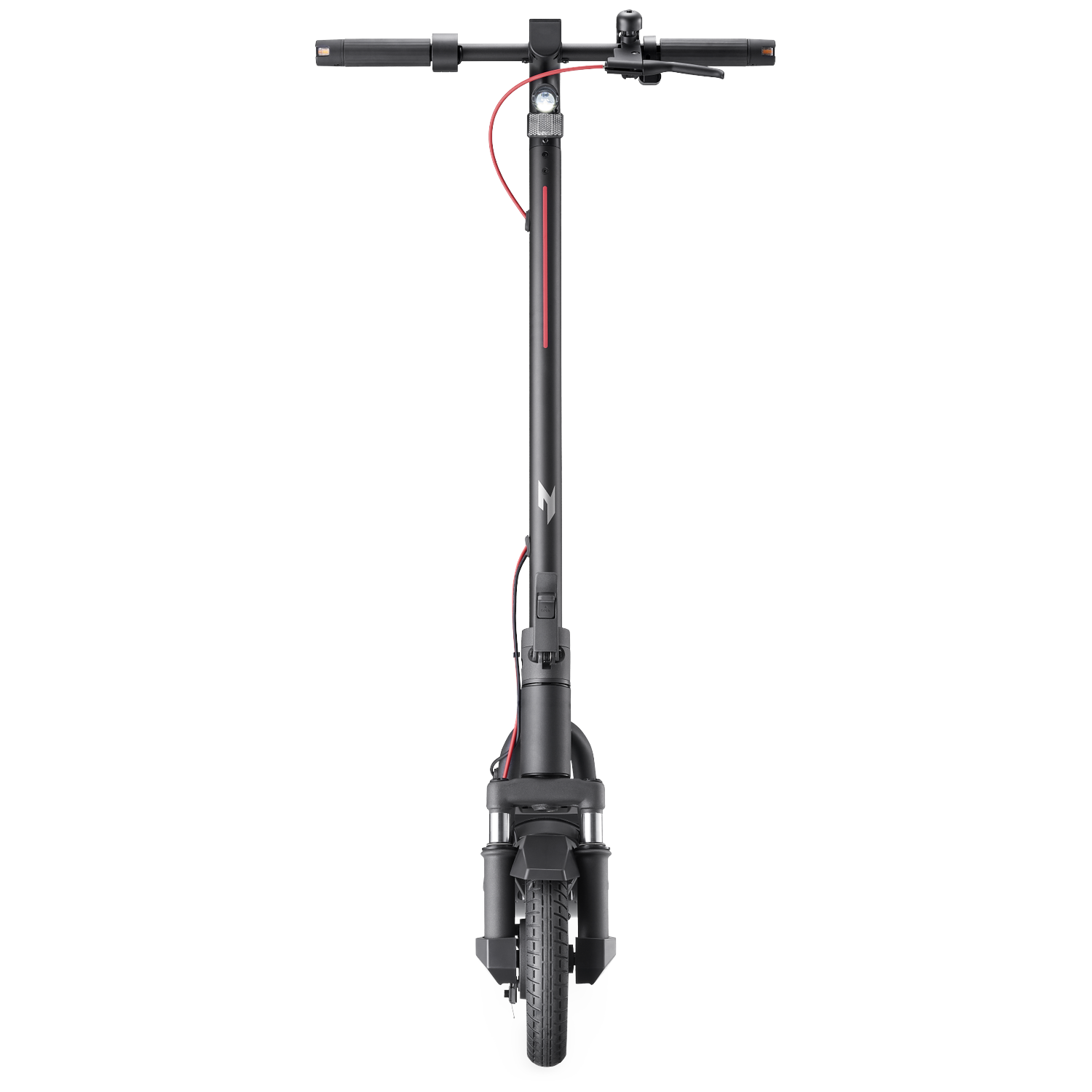 Een zwarte elektrische step met rode accenten en licht, van voren gezien.