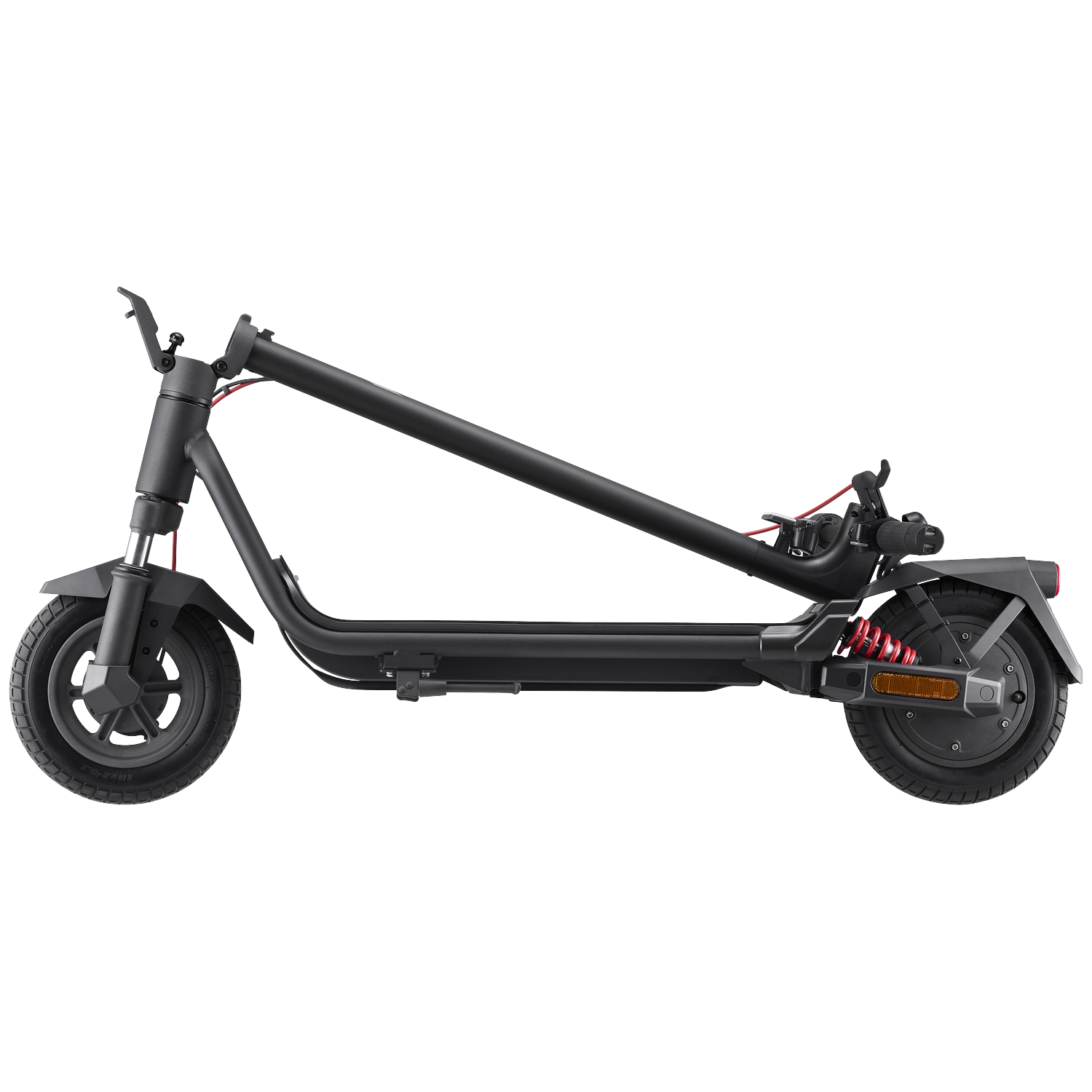 Zwarte elektrische scooter met gevouwen stuur en schokdempers.