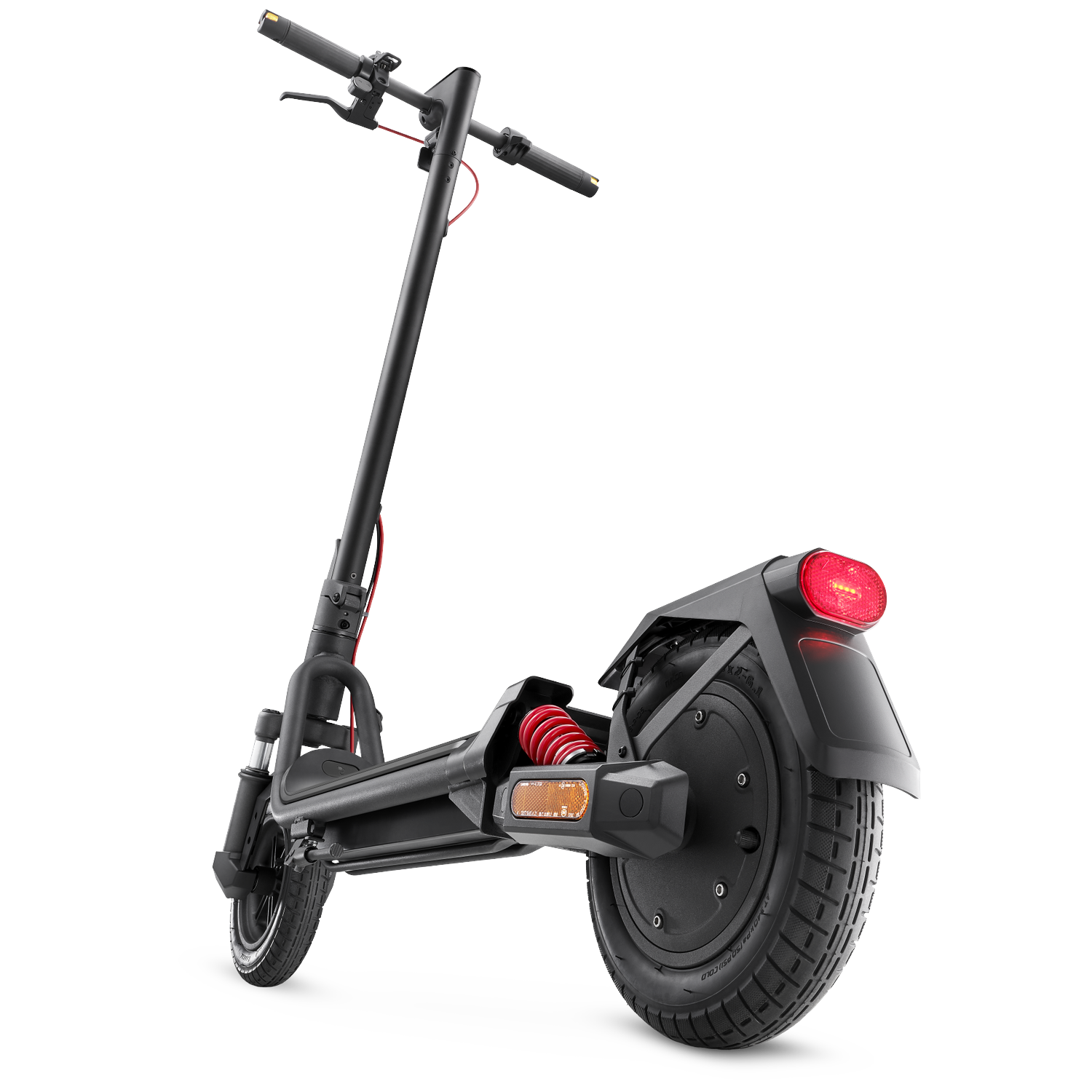 Een zwarte elektrische step met rode accenten, vering en een achterlicht.