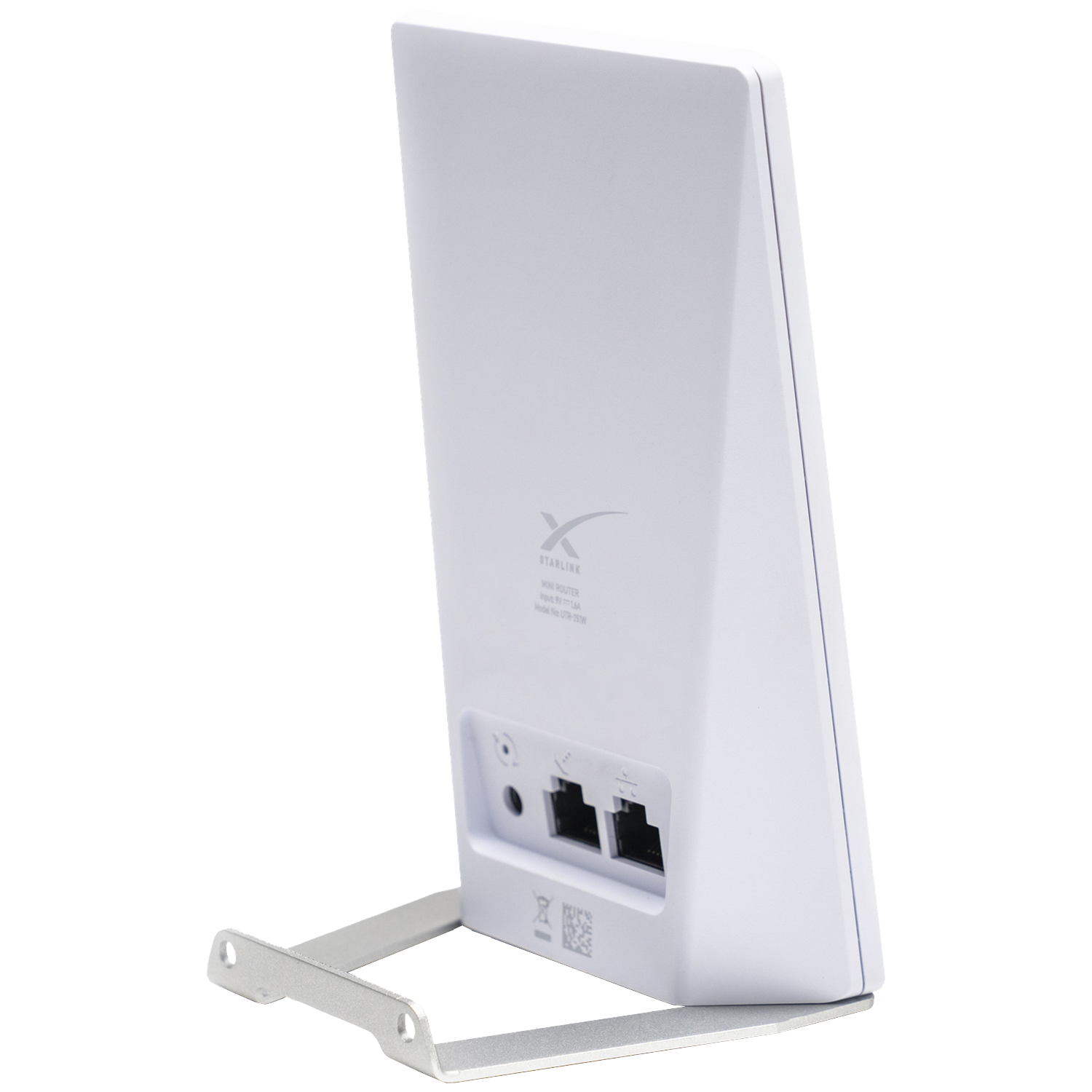 Een witte Starlink router met Ethernetpoorten en een standaard. Wit Starlink logo.