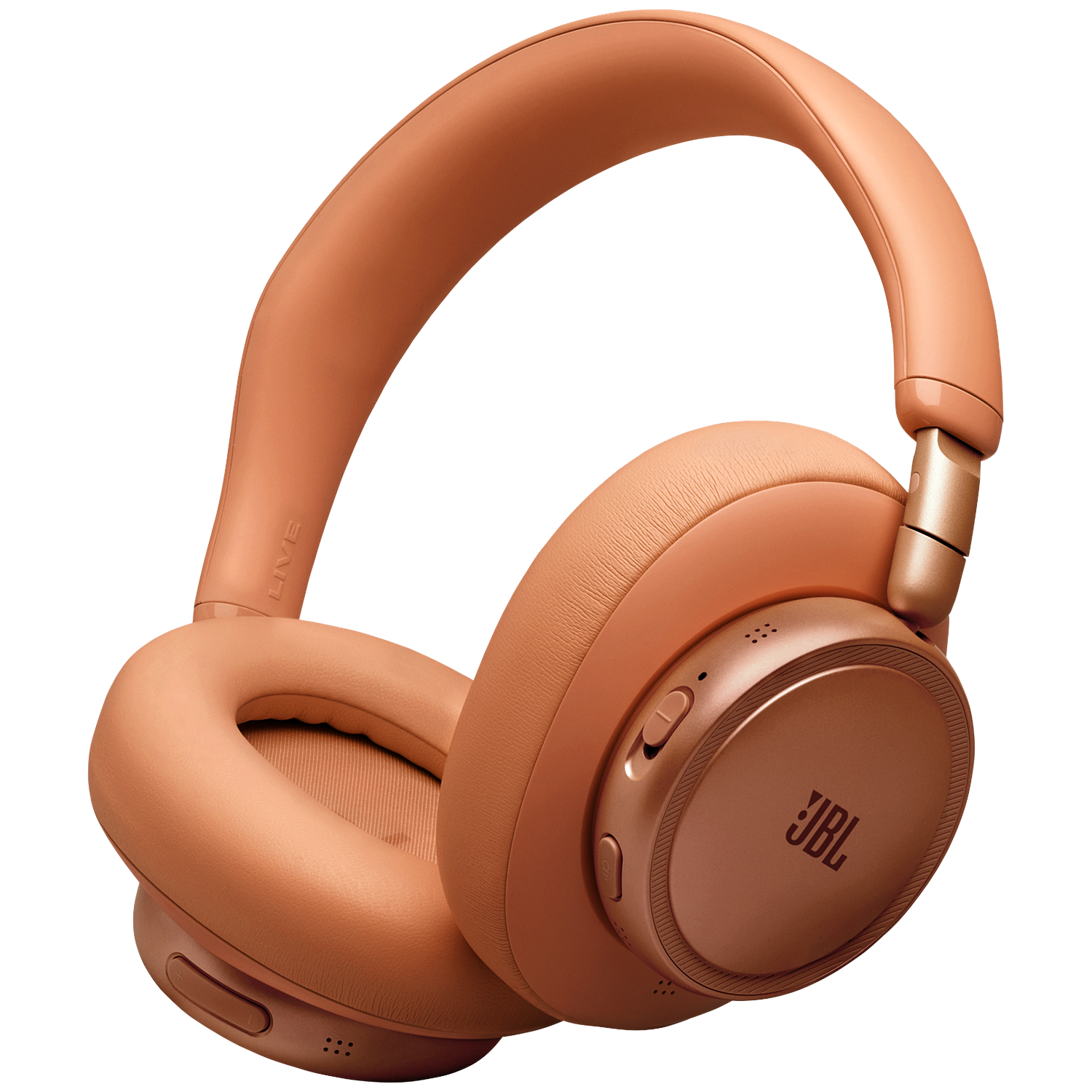 Casque JBL orange avec coussinets et arceau, sur fond noir.