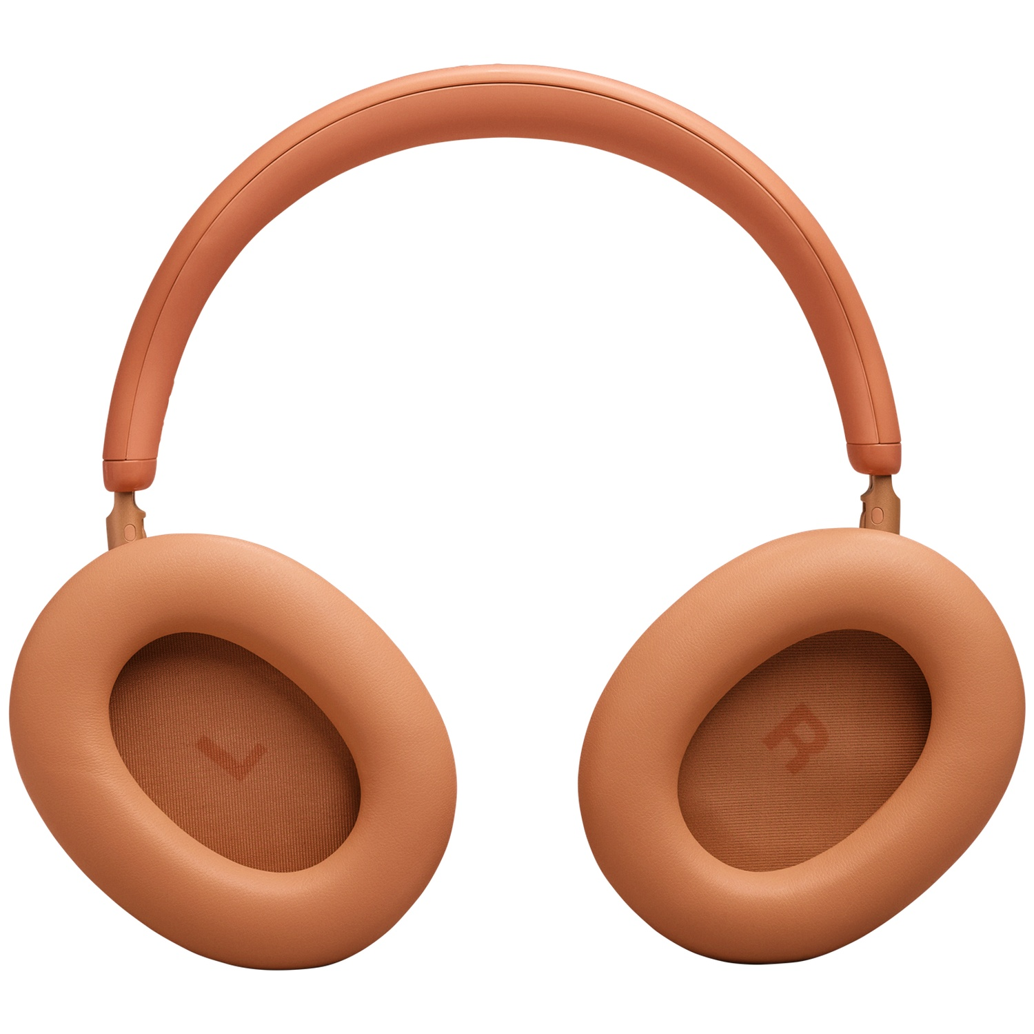 Casque orange avec écouteurs et arceau rembourrés. Marquages L et R.