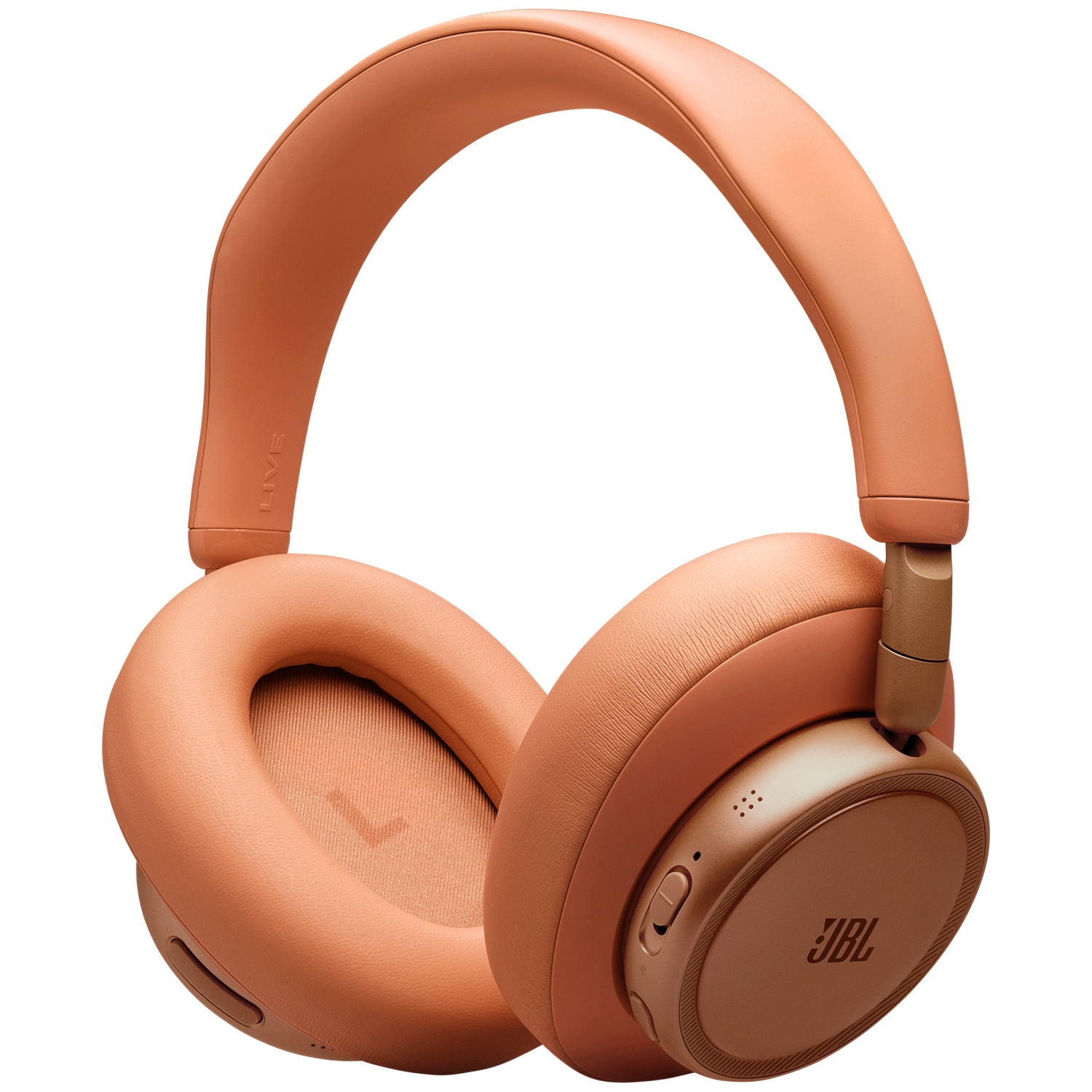 Casque circum-auriculaire couleur pêche avec logo JBL sur l'écouteur droit.