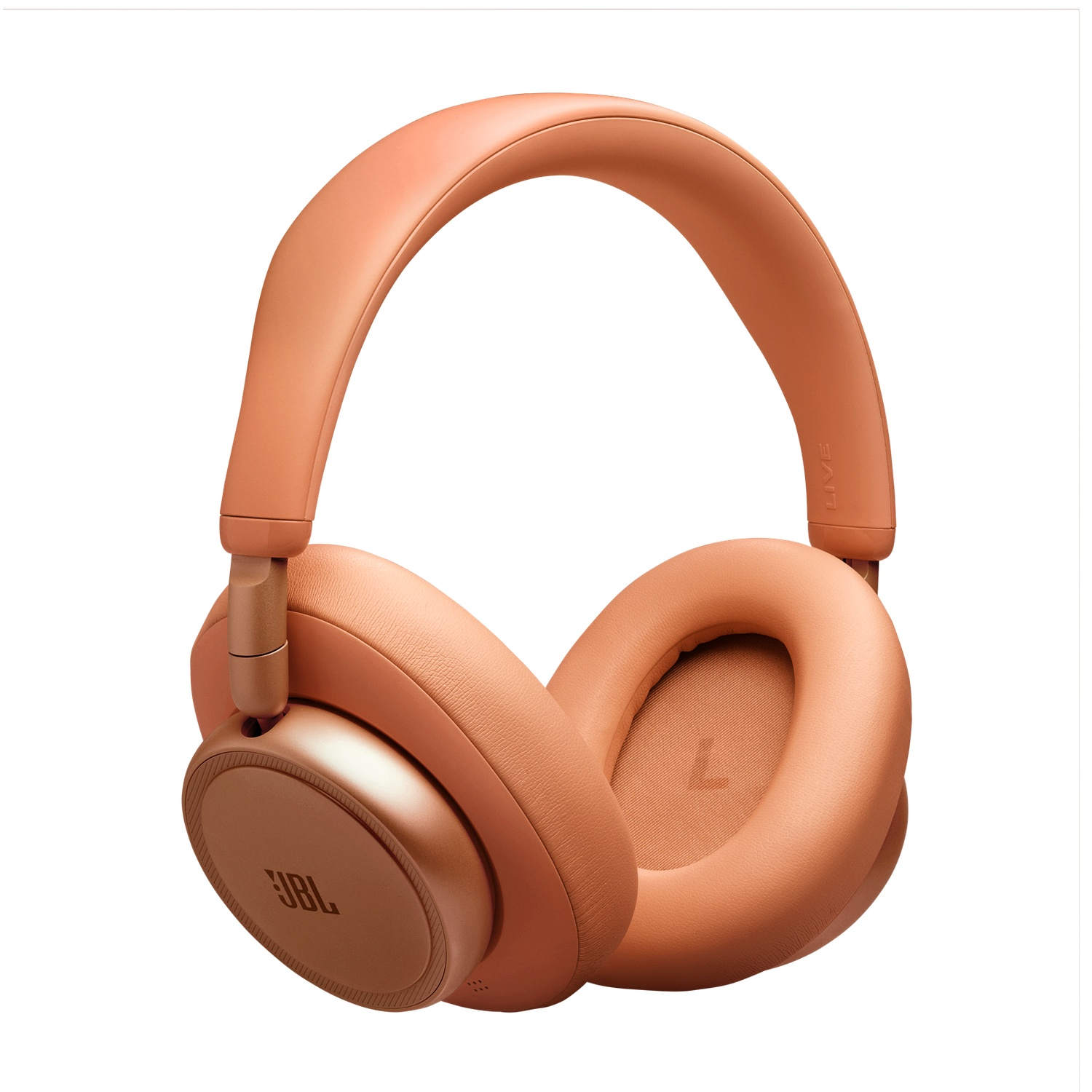 Casque JBL orange avec coussinets rembourrés et logo JBL argenté.