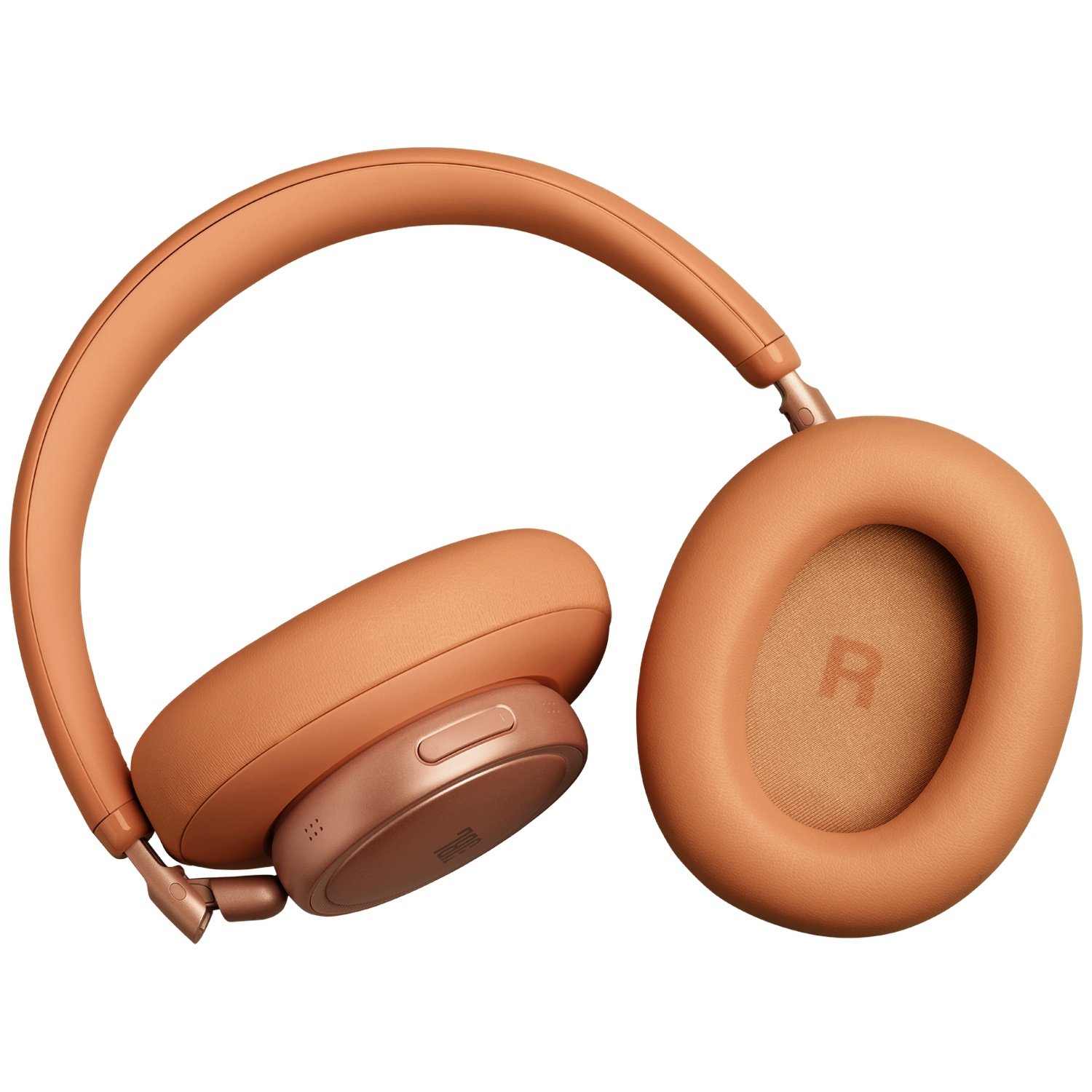 Casque orange avec un symbole R sur le coussinet droit.