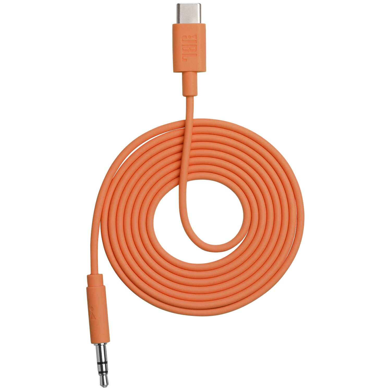 Un câble orange avec USB-C et prise jack 3,5 mm, enroulé. Logo JBL visible.