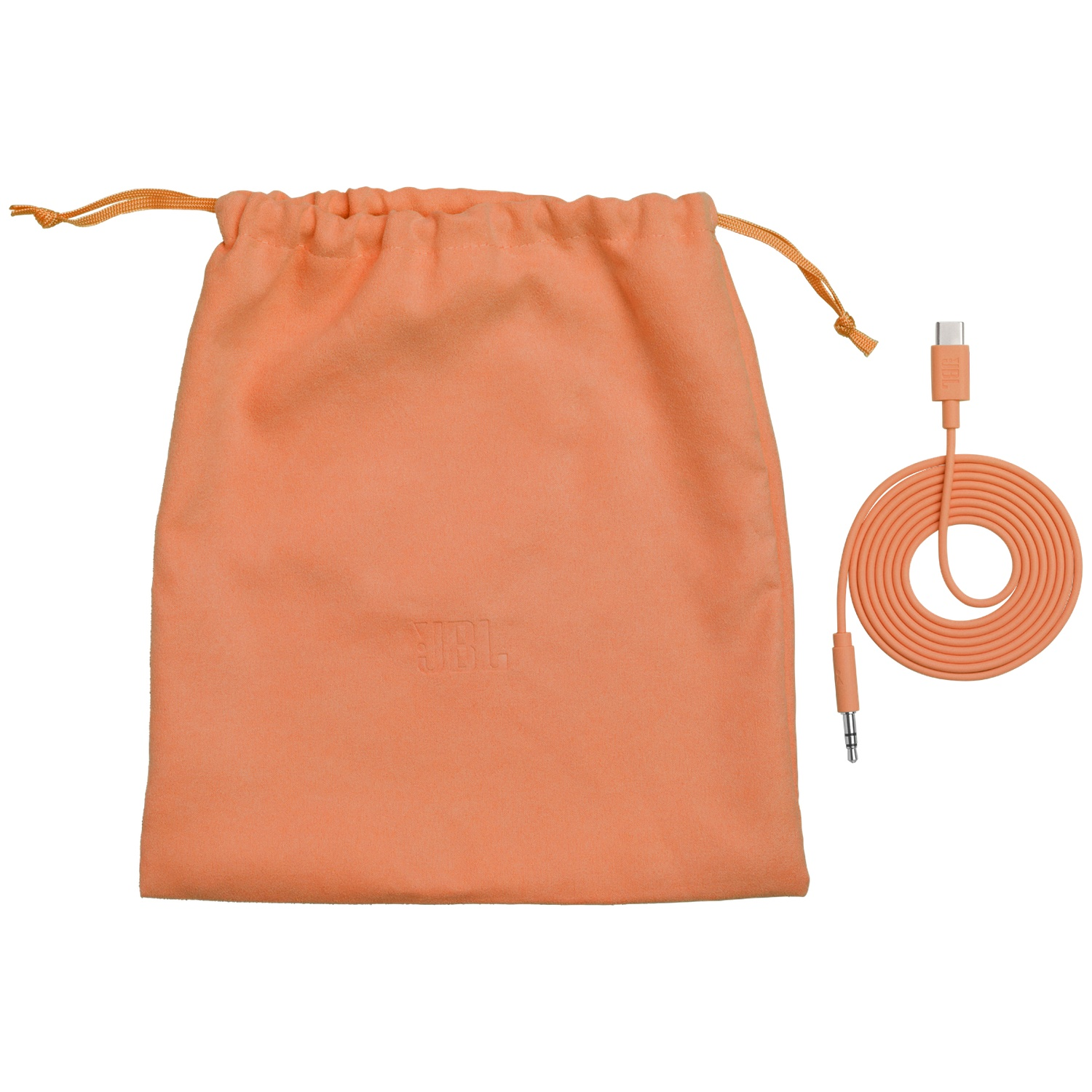 Pochette orange à cordon avec câble enroulé USB-C et jack 3,5 mm.