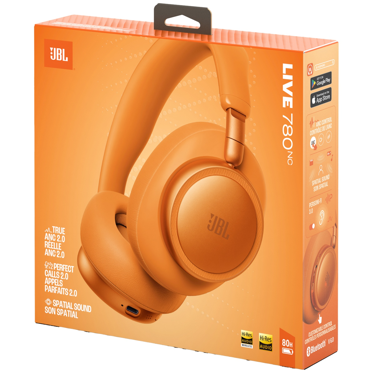 Casque JBL LIVE 780NC orange sur une boîte montrant des fonctionnalités comme l'ANC et le Son Spatial.