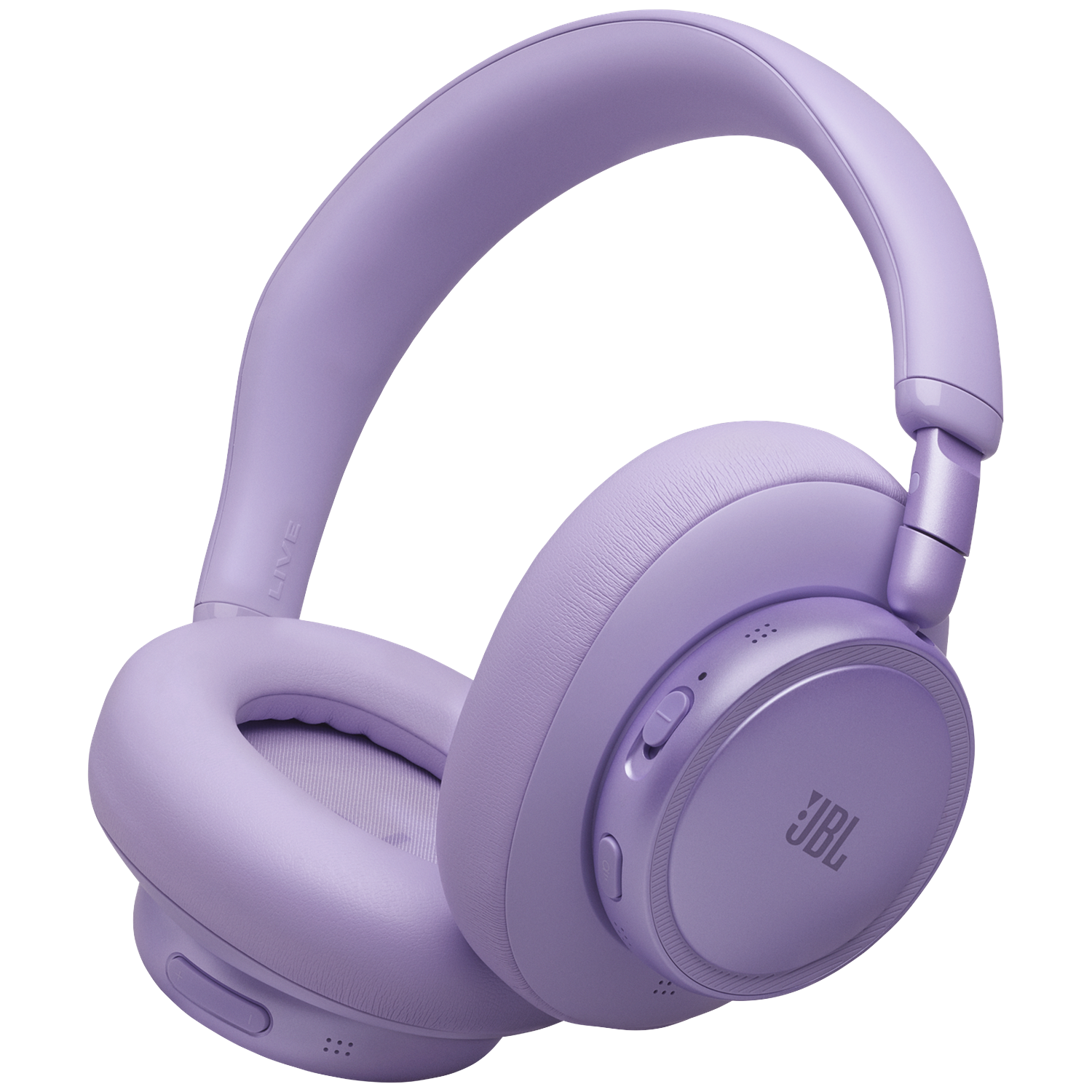 Casque JBL violet avec coussinets et arceau rembourrés, sur fond noir.