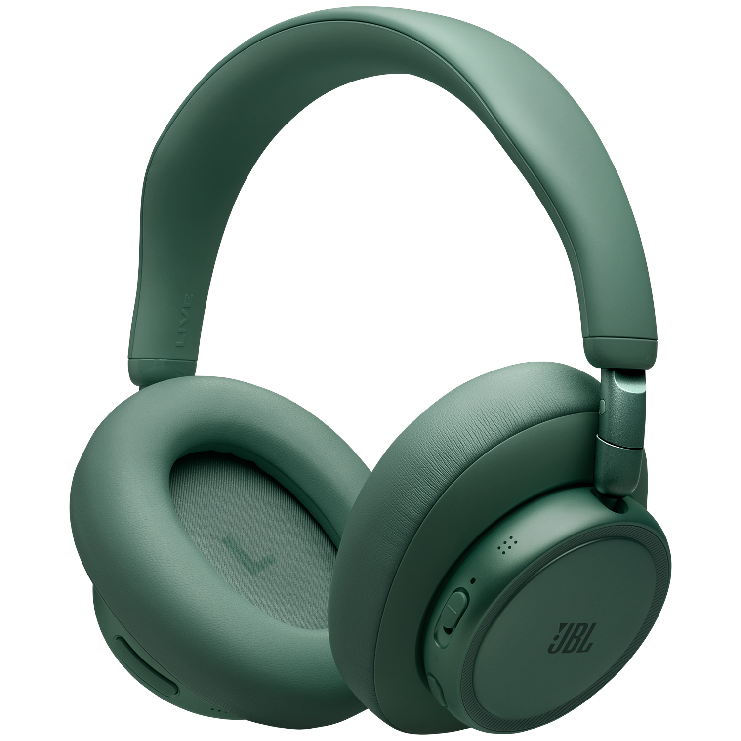 Casque JBL vert avec oreillettes et arceau, sur fond noir.
