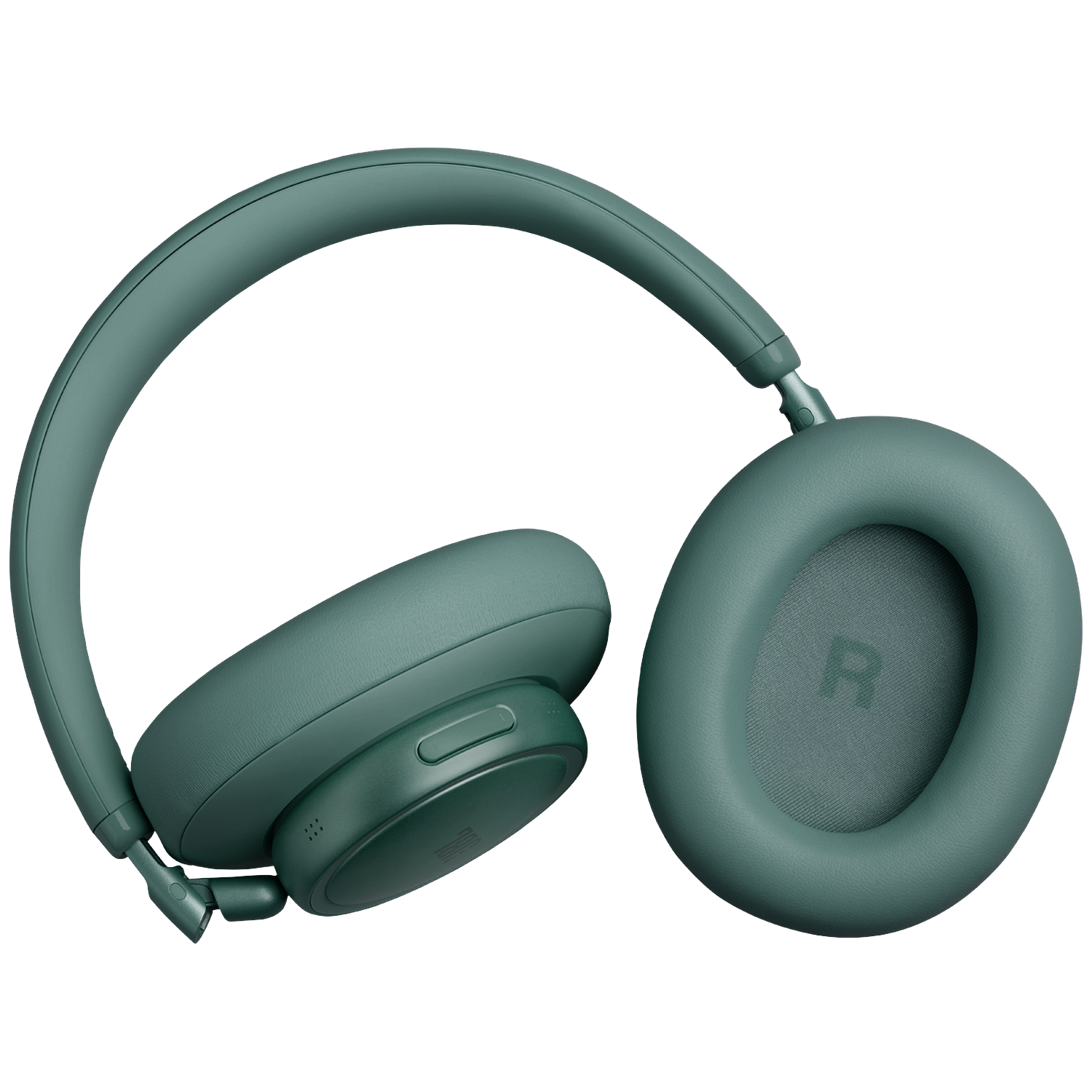 Un casque vert d'eau sur fond noir. L'oreillette droite affiche un R.