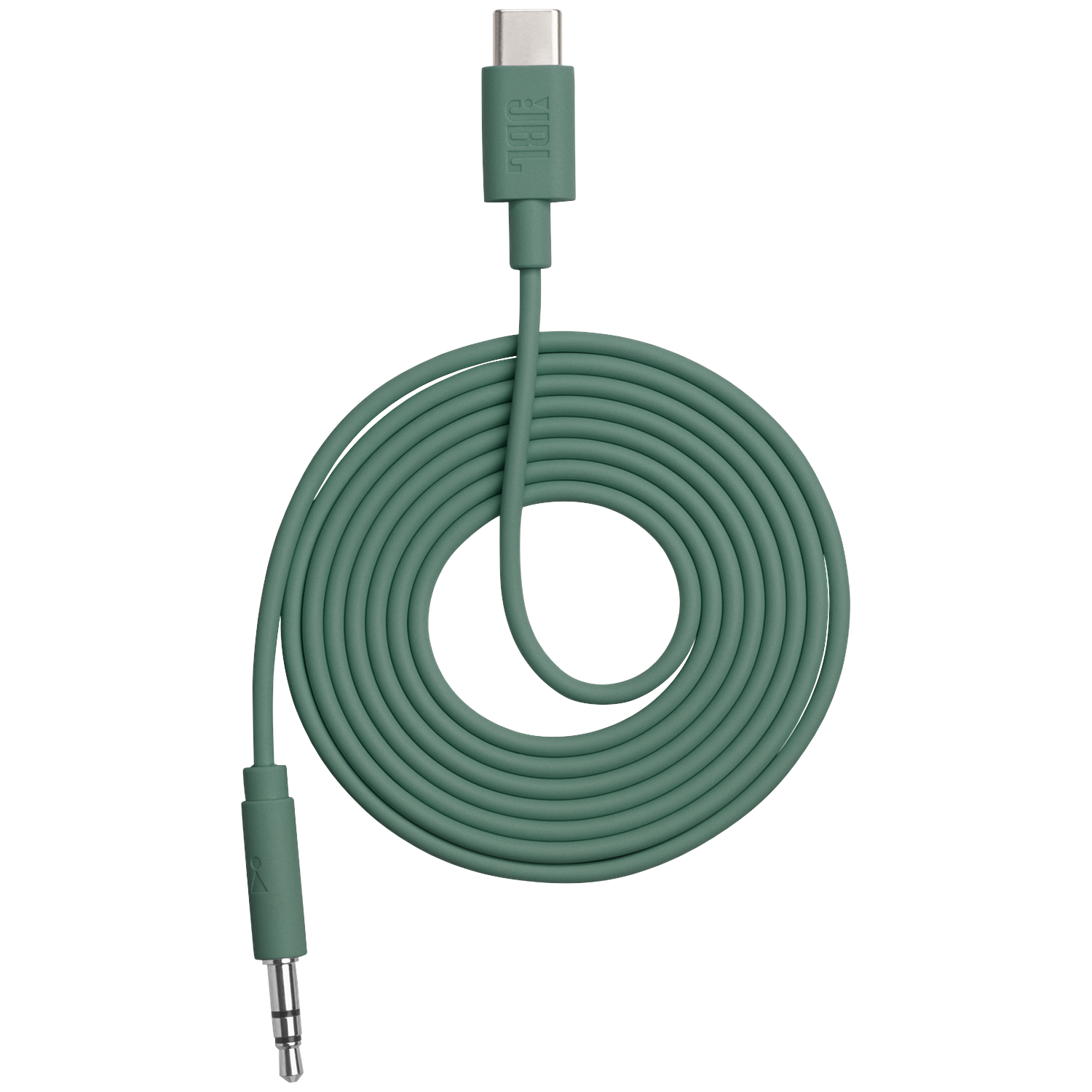 Un câble vert enroulé avec connecteurs USB-C et 3,5 mm.