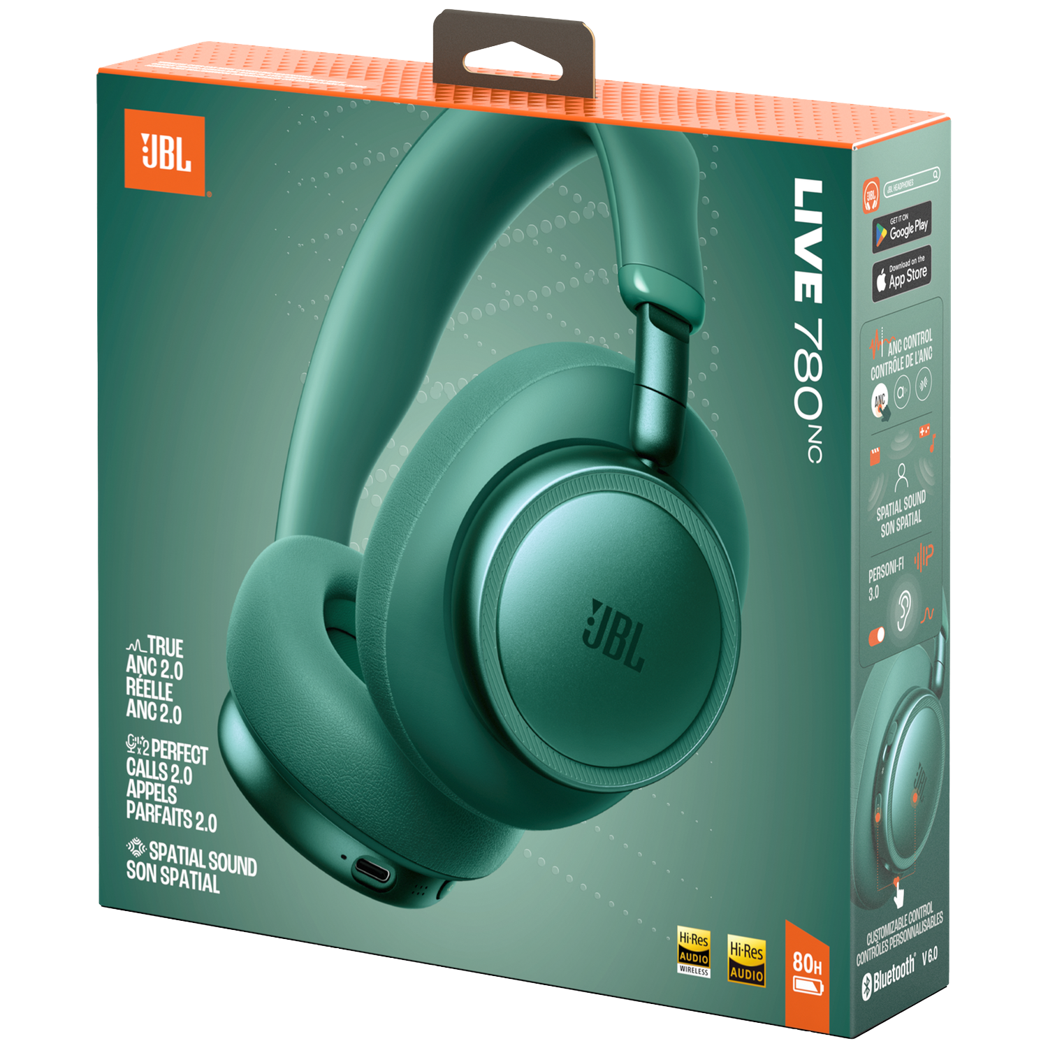 Boîte de casque JBL LIVE 780NC verte, avec ANC, Son Spatial et 80h d'autonomie.