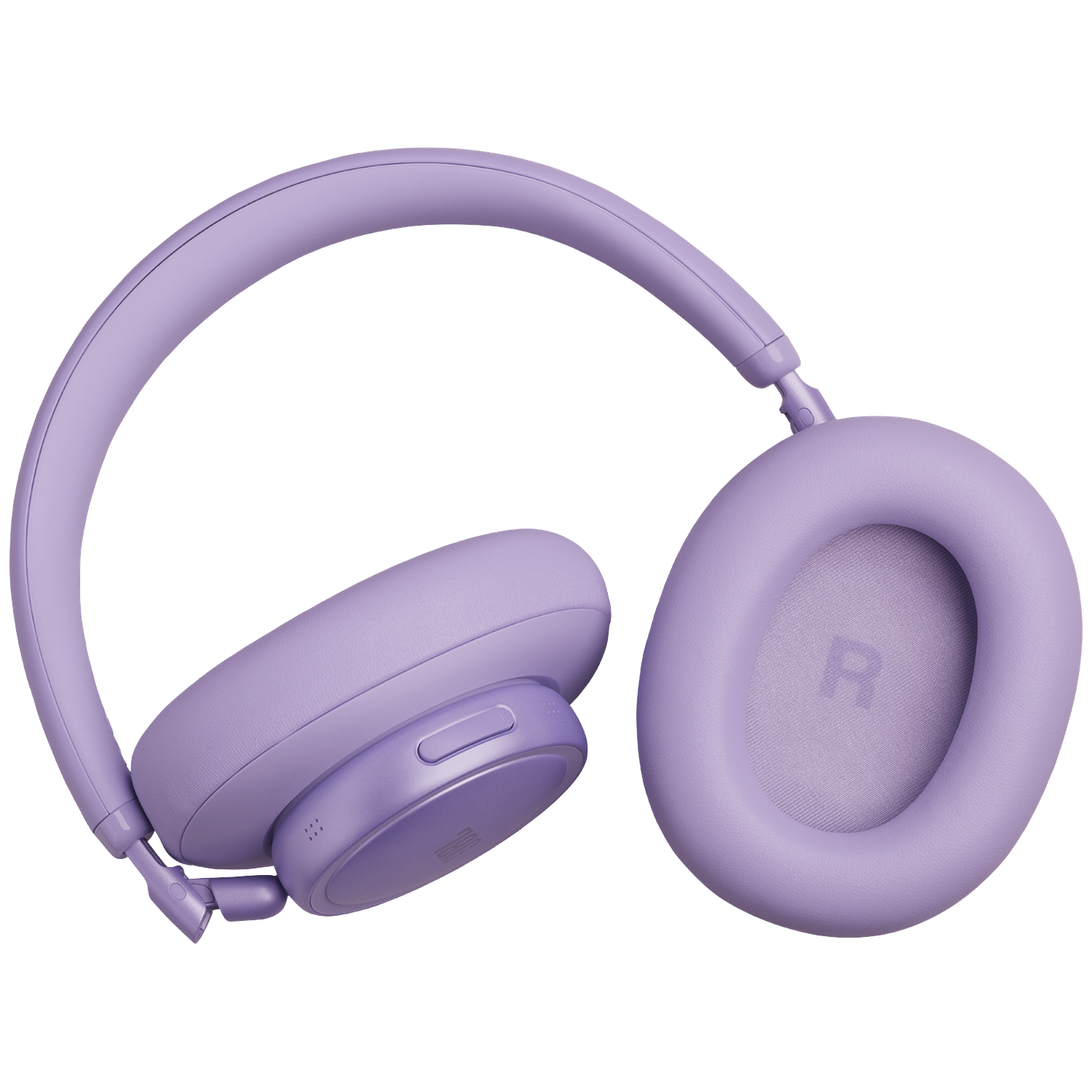 Casque violet avec coussinets et arceau sur fond noir.