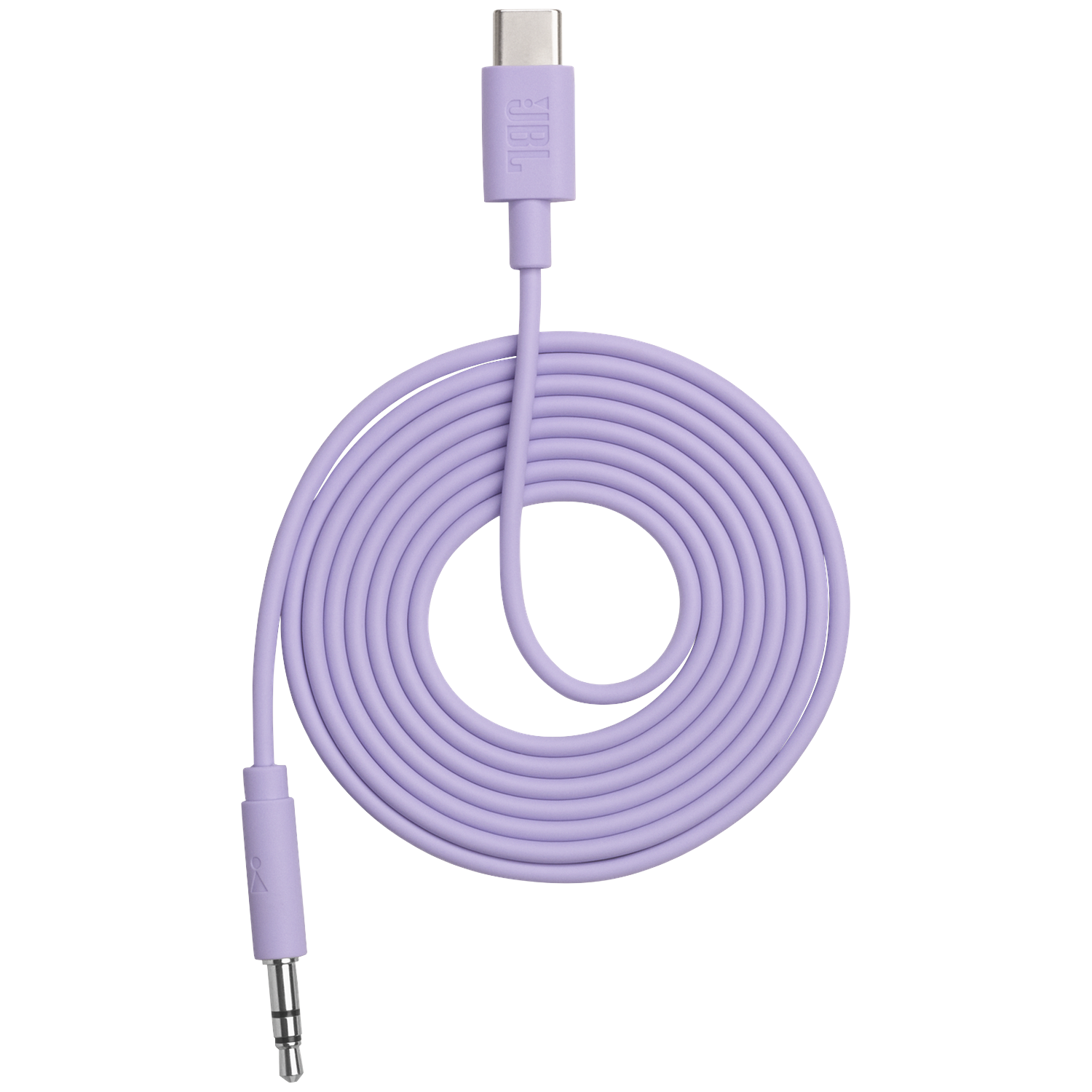 Un câble lavande enroulé avec connecteurs USB-C et 3,5 mm.
