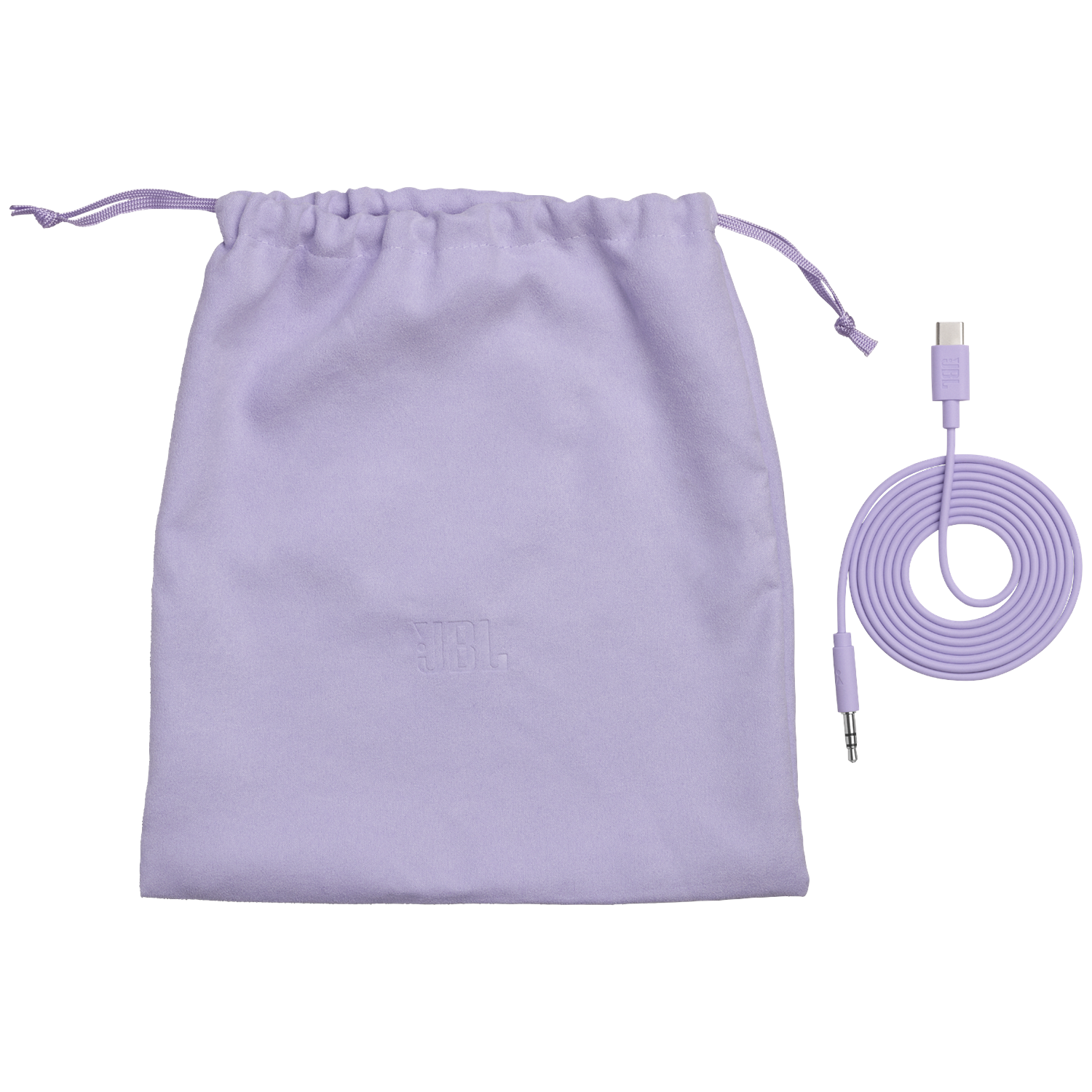 Une pochette lavande à cordon et un câble USB-C assorti avec prise jack 3,5 mm.
