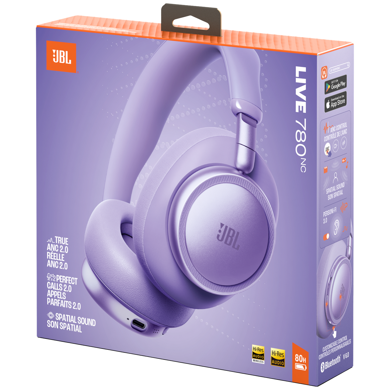 Boîte violette d'écouteurs JBL avec image produit et fonctionnalités.
