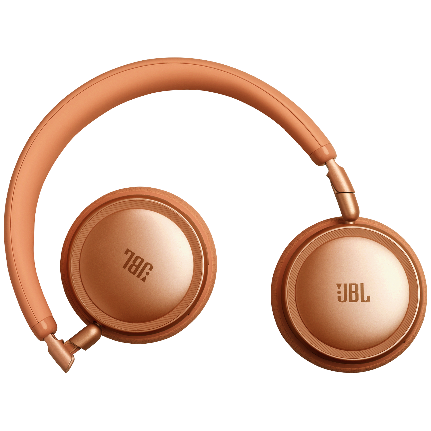 Orange JBL headphones with black background, foldable.