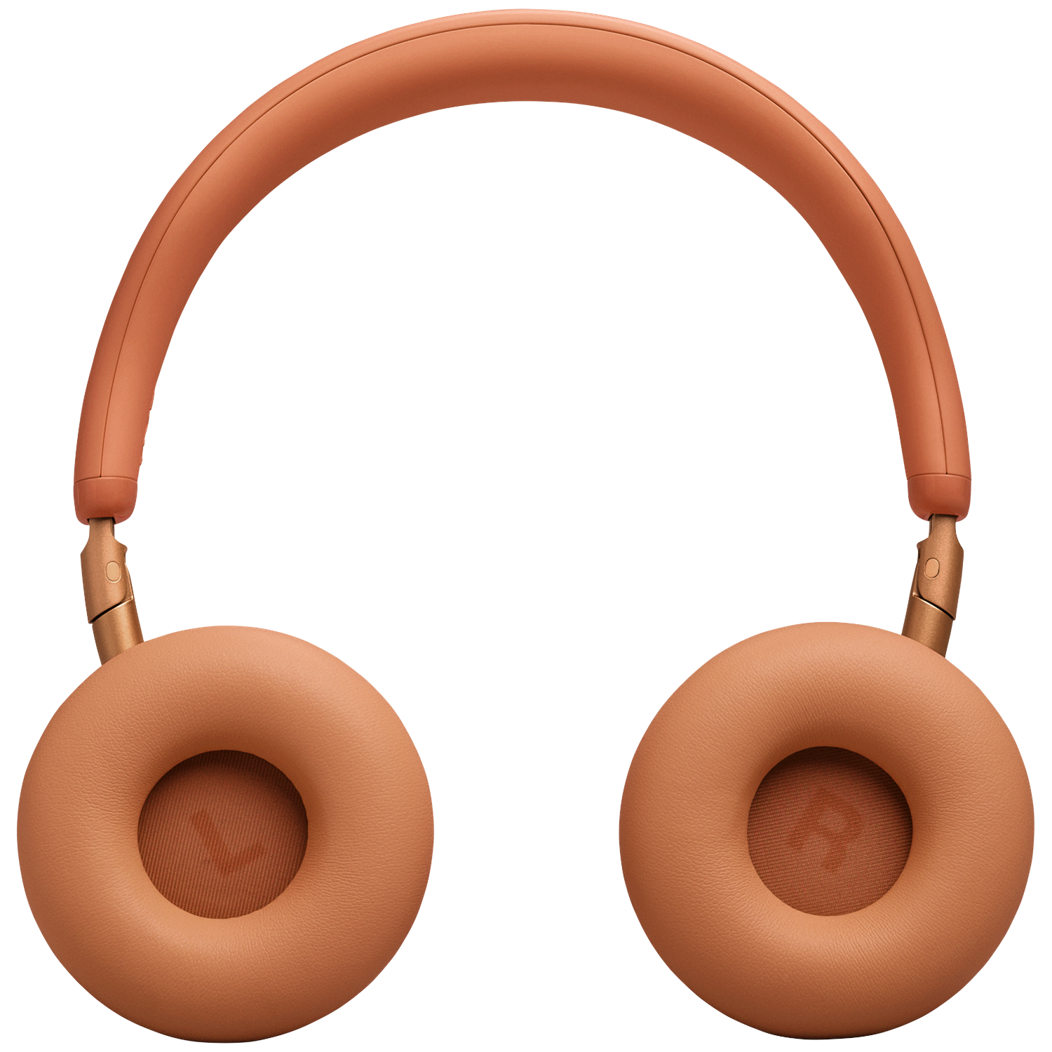 A pair of coral-colored headphones with padded earcups and a headband.