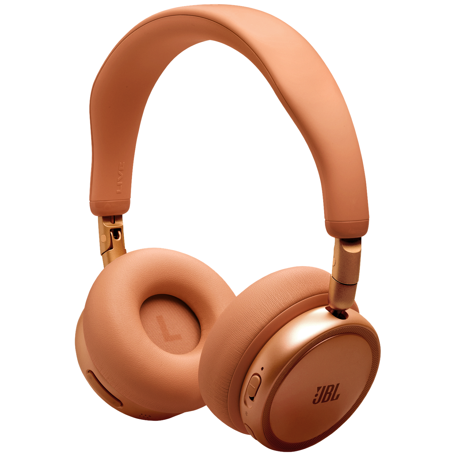 A coral-colored headphone with gold accents on a black background.