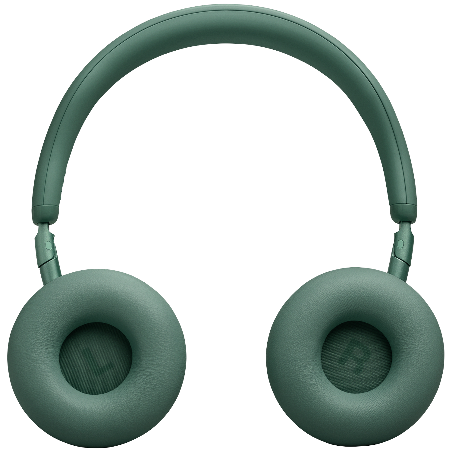 Green over-ear headphones with cushioned earcups and a headband. Isolated.